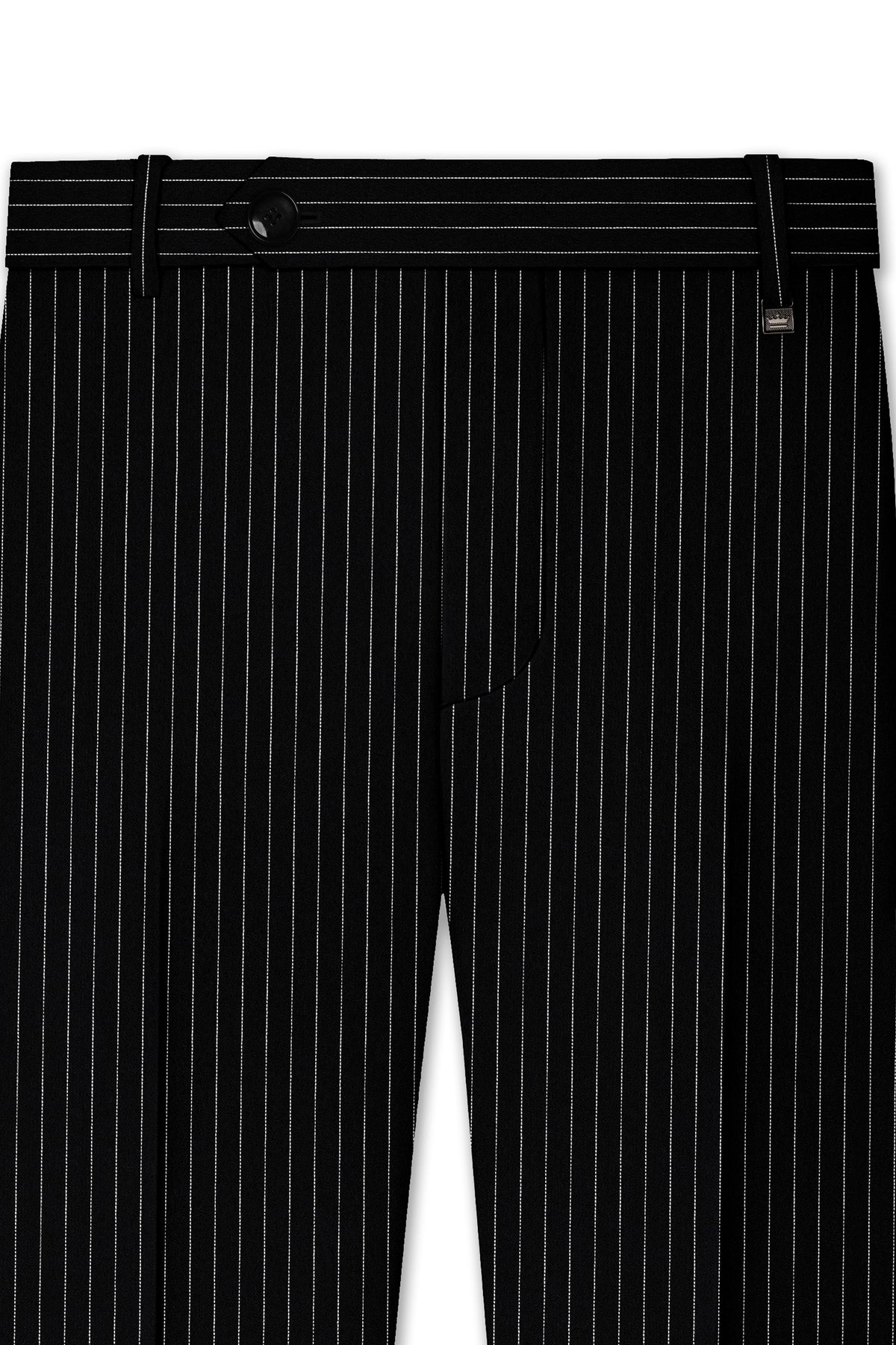 Gravitas-Jade Black And Bright White Chalk Striped Wool Rich Wrinkle-Free Fluid Drape Fabric Bandhgala Suit