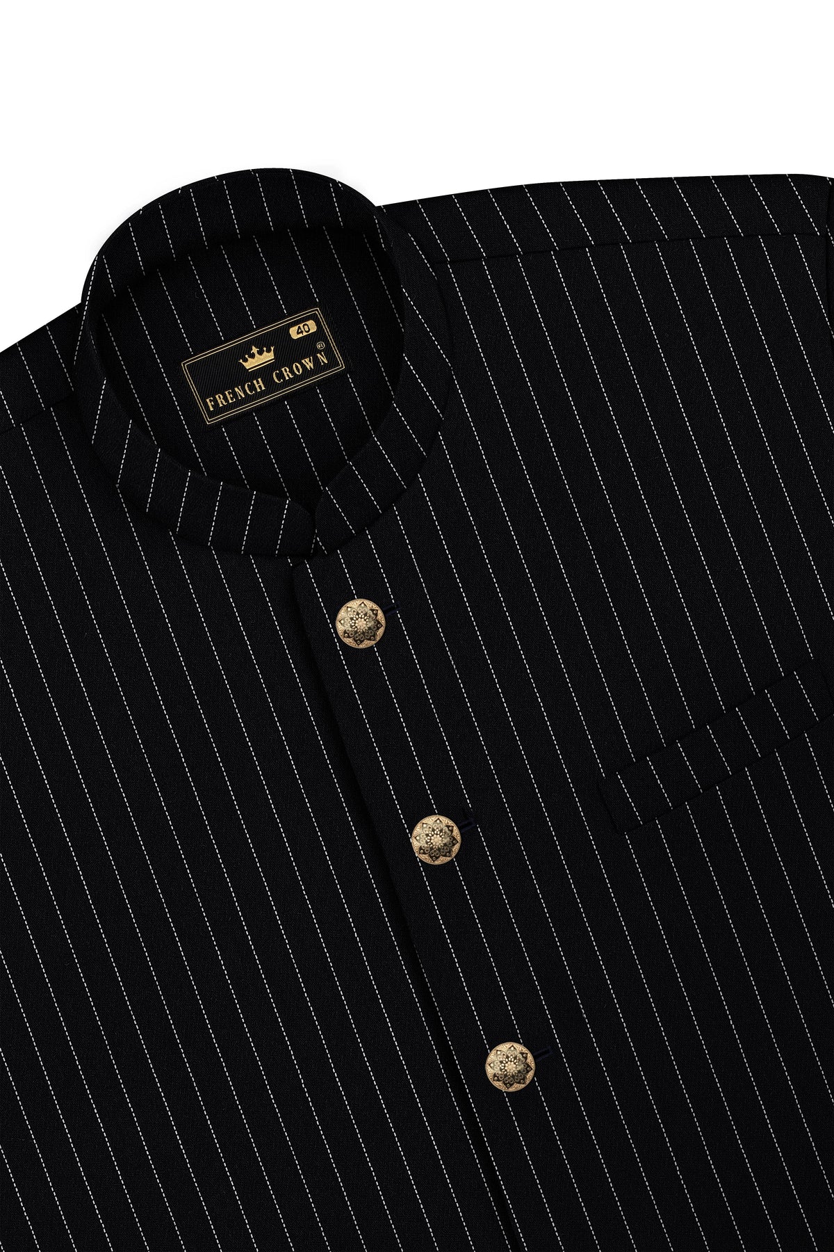Gravitas-Jade Black And Bright White Chalk Striped Wool Rich Wrinkle-Free Fluid Drape Fabric Bandhgala Suit