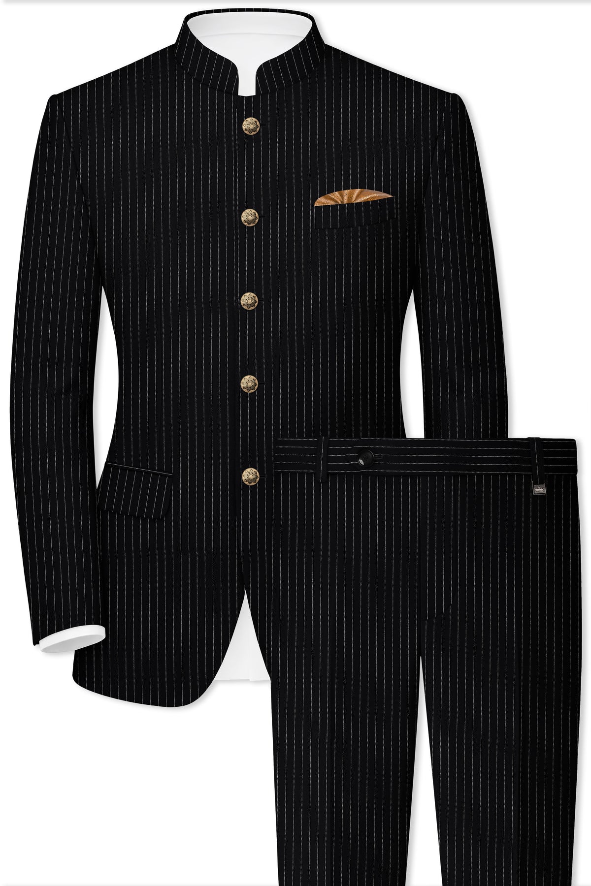 Gravitas-Jade Black And Bright White Chalk Striped Wool Rich Wrinkle-Free Fluid Drape Fabric Bandhgala Suit