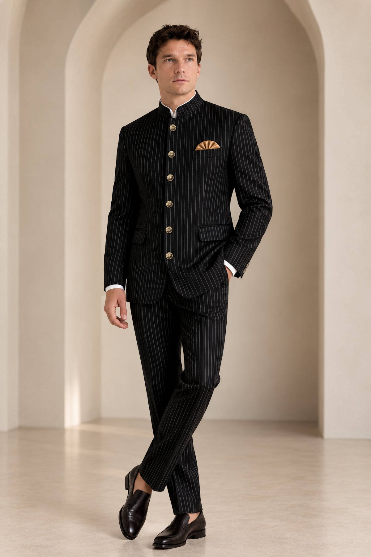 Gravitas-Jade Black And Bright White Chalk Striped Wool Rich Wrinkle-Free Fluid Drape Fabric Bandhgala Suit