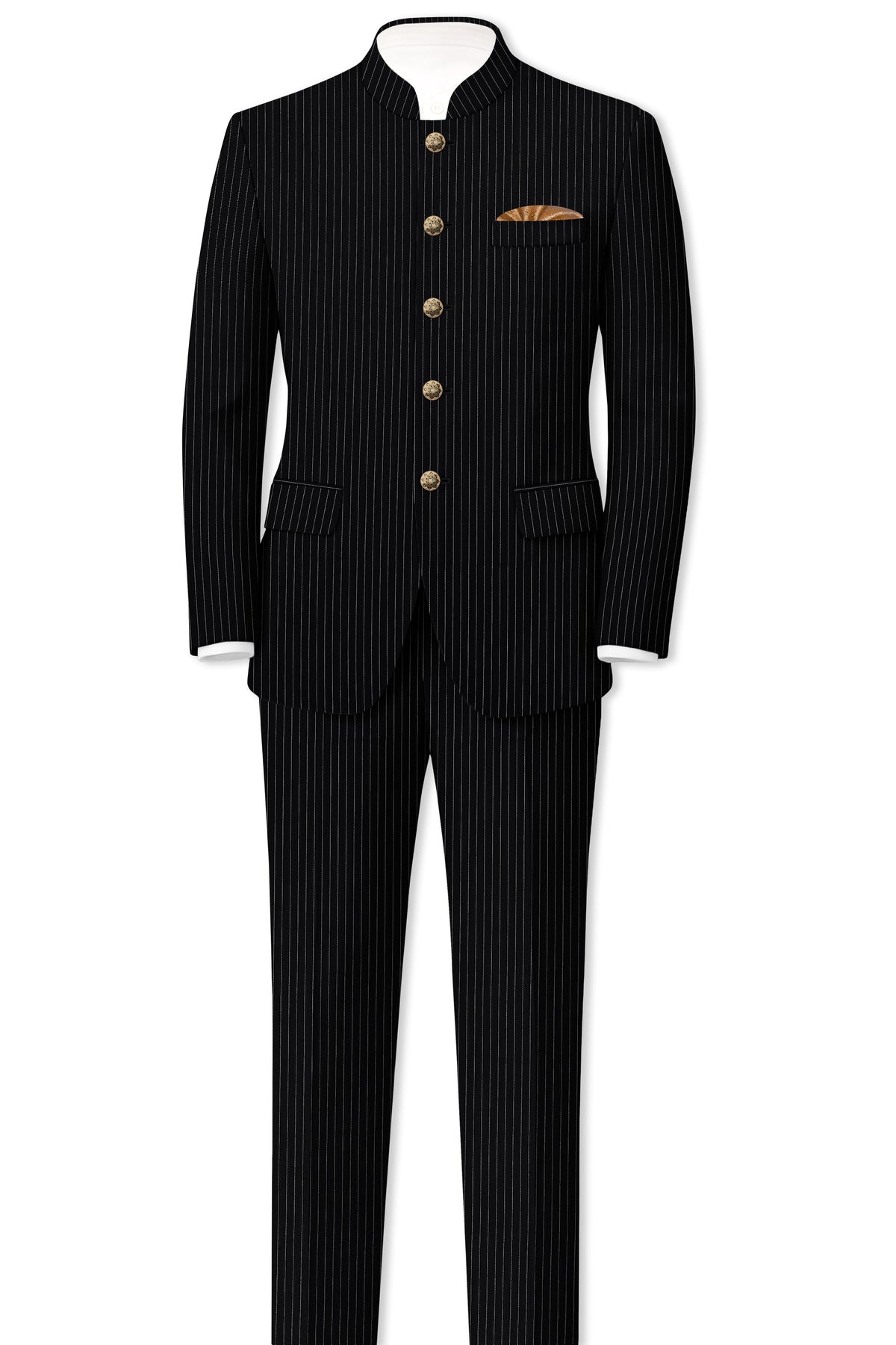Gravitas-Jade Black And Bright White Chalk Striped Wool Rich Wrinkle-Free Fluid Drape Fabric Bandhgala Suit