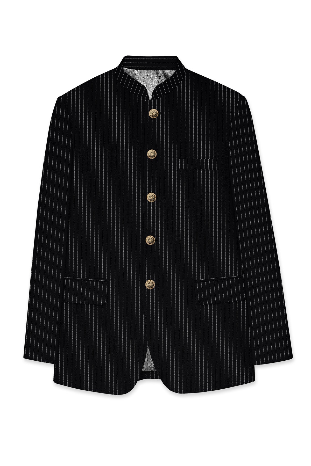 Gravitas-Jade Black And Bright White Chalk Striped Wool Rich Wrinkle-Free Fluid Drape Fabric Bandhgala Suit