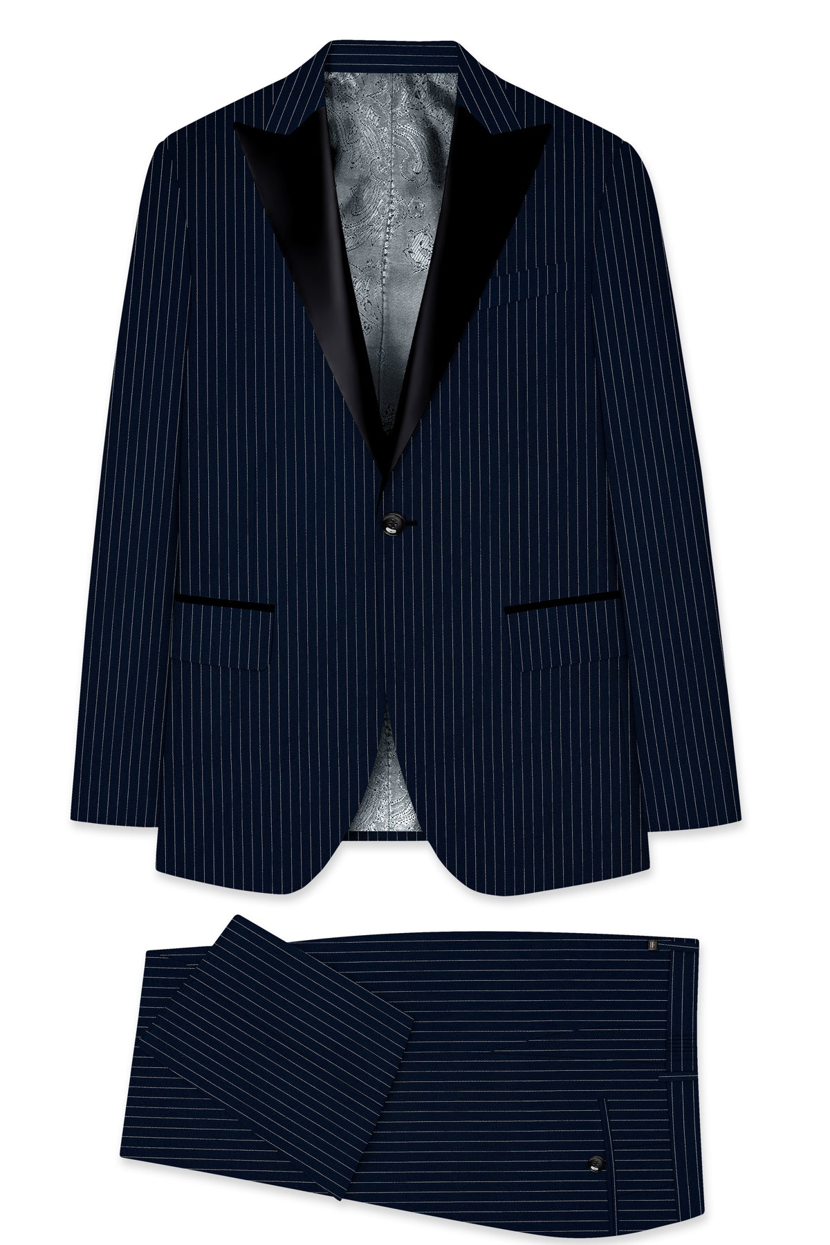 Zenith-Imperial Teal Green And Bright White Chalk Striped Wool Rich Wrinkle-Free Fluid Drape Fabric Peak Lapel Tuxedo Suit