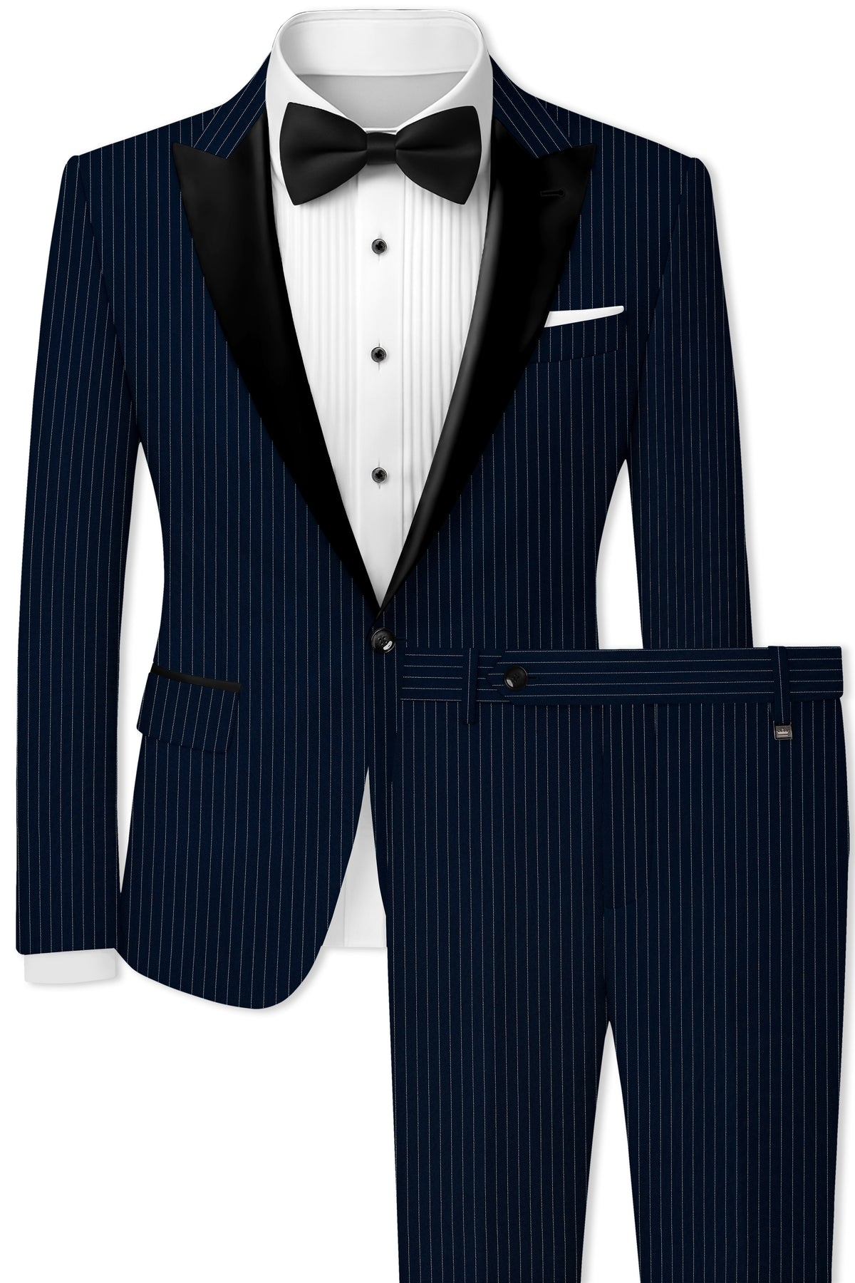 Zenith-Imperial Teal Green And Bright White Chalk Striped Wool Rich Wrinkle-Free Fluid Drape Fabric Peak Lapel Tuxedo Suit