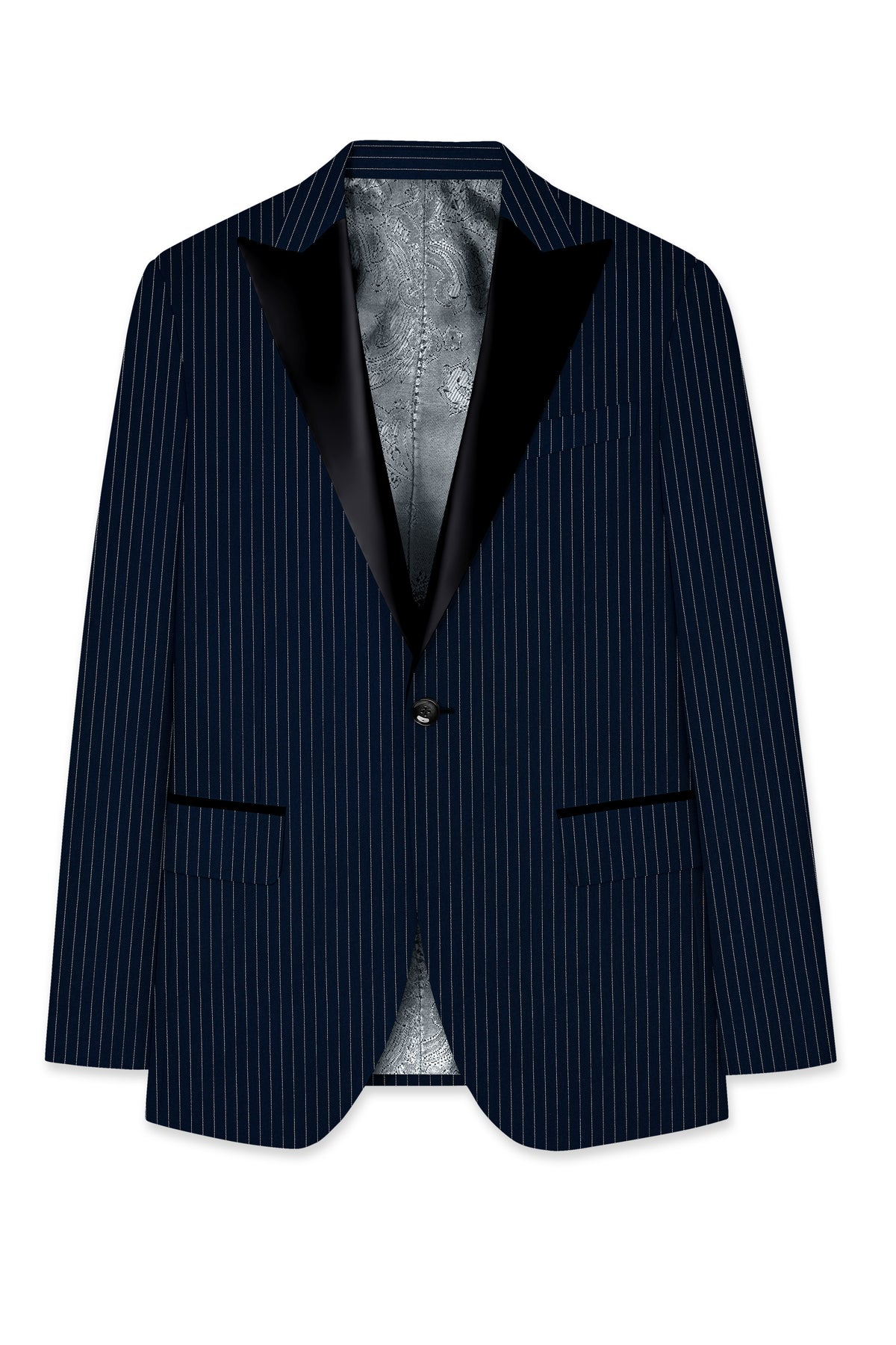 Zenith-Imperial Teal Green And Bright White Chalk Striped Wool Rich Wrinkle-Free Fluid Drape Fabric Peak Lapel Tuxedo Suit