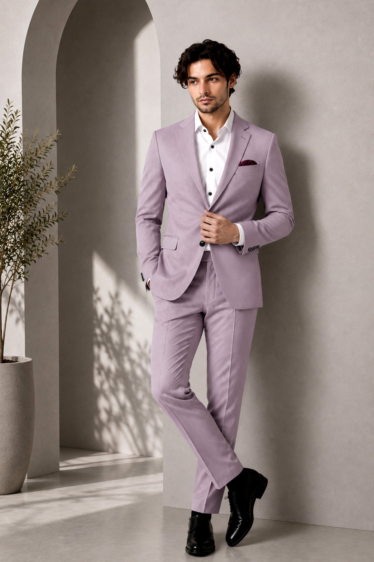 Celeste-Martini Pink Diamond Textured Wool Rich Slight Stretch Single Breasted Suit