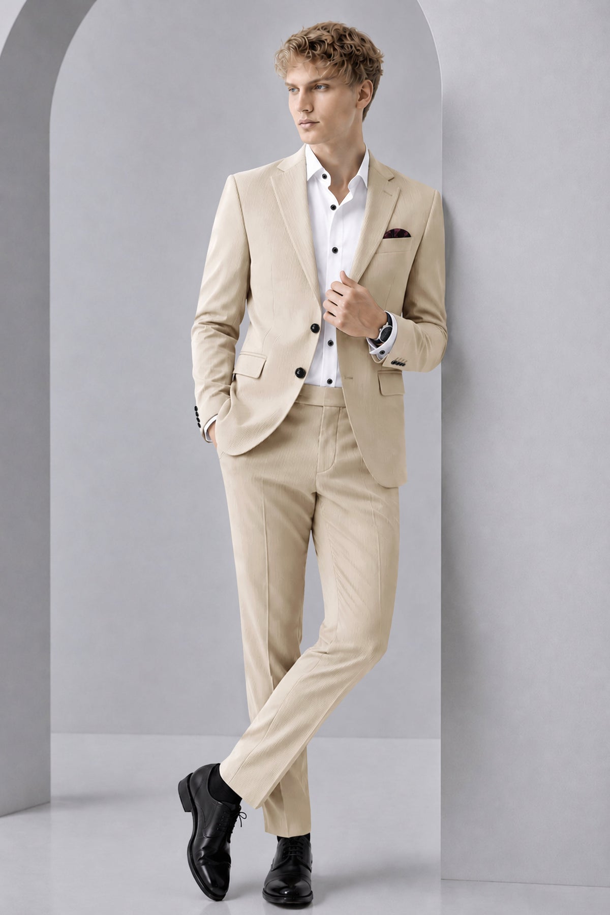 Ivoria-Vanilla Cream Diamond Textured Wool Rich Slight Stretch Single Breasted Suit