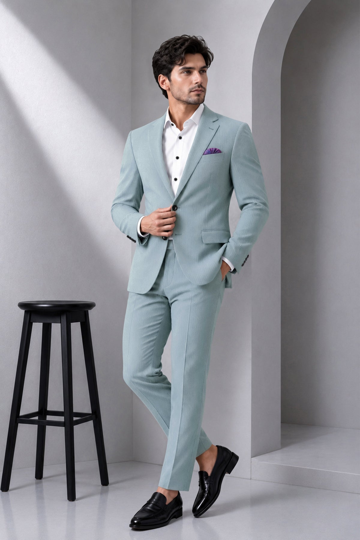 Sterling-Cadet Gray Diamond Textured Wool Rich Slight Stretch Single Breasted Suit