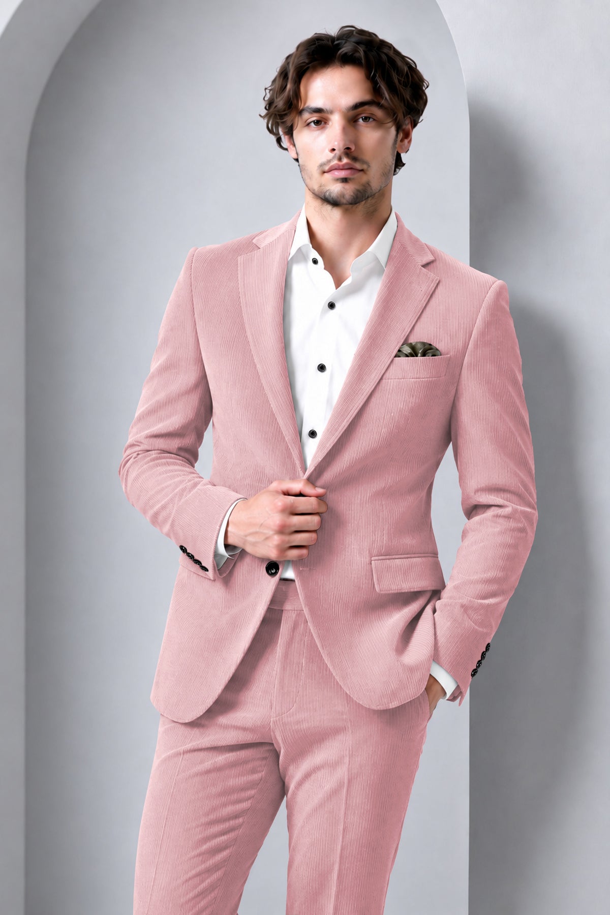 Isadora-Careys Pink Diamond Textured Wool Rich Slight Stretch Single Breasted Suit