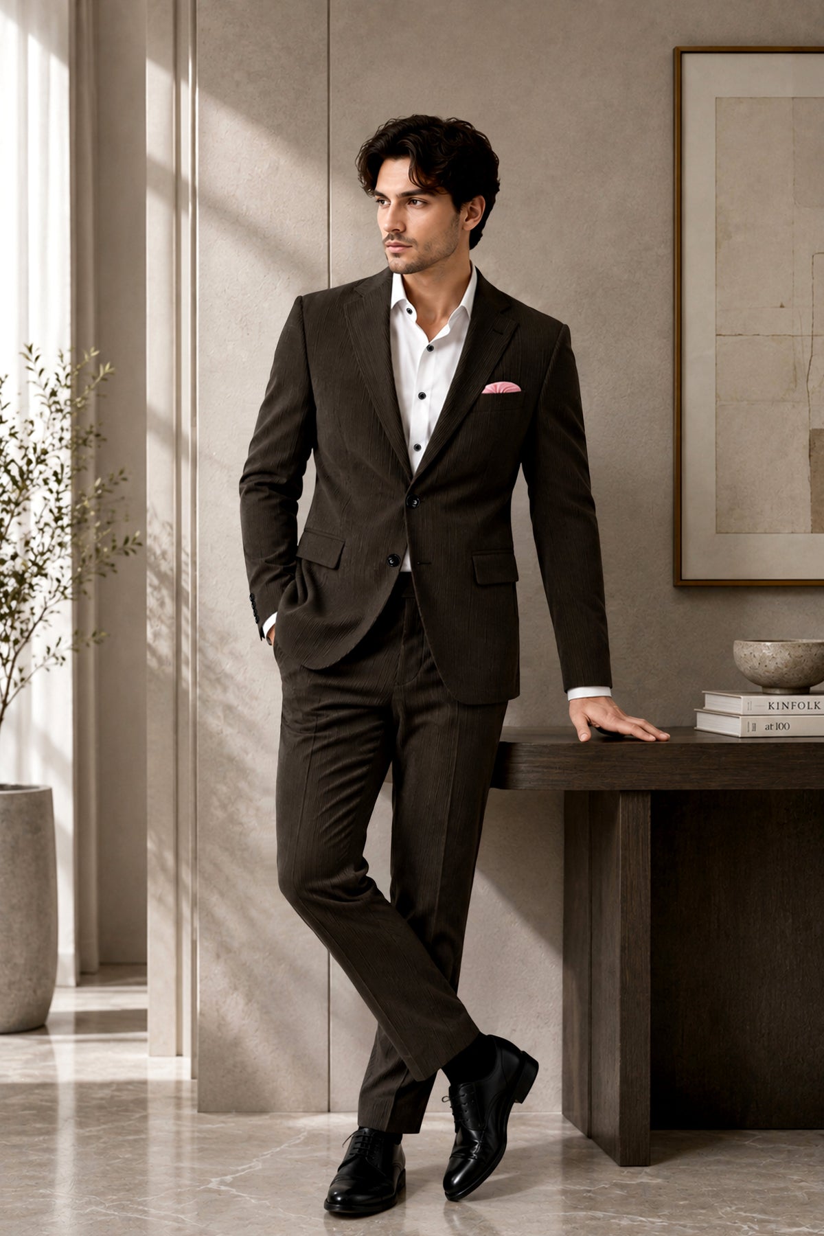 Grayson-Zeus Brown Diamond Textured Wool Rich Slight Stretch Single Breasted Suit