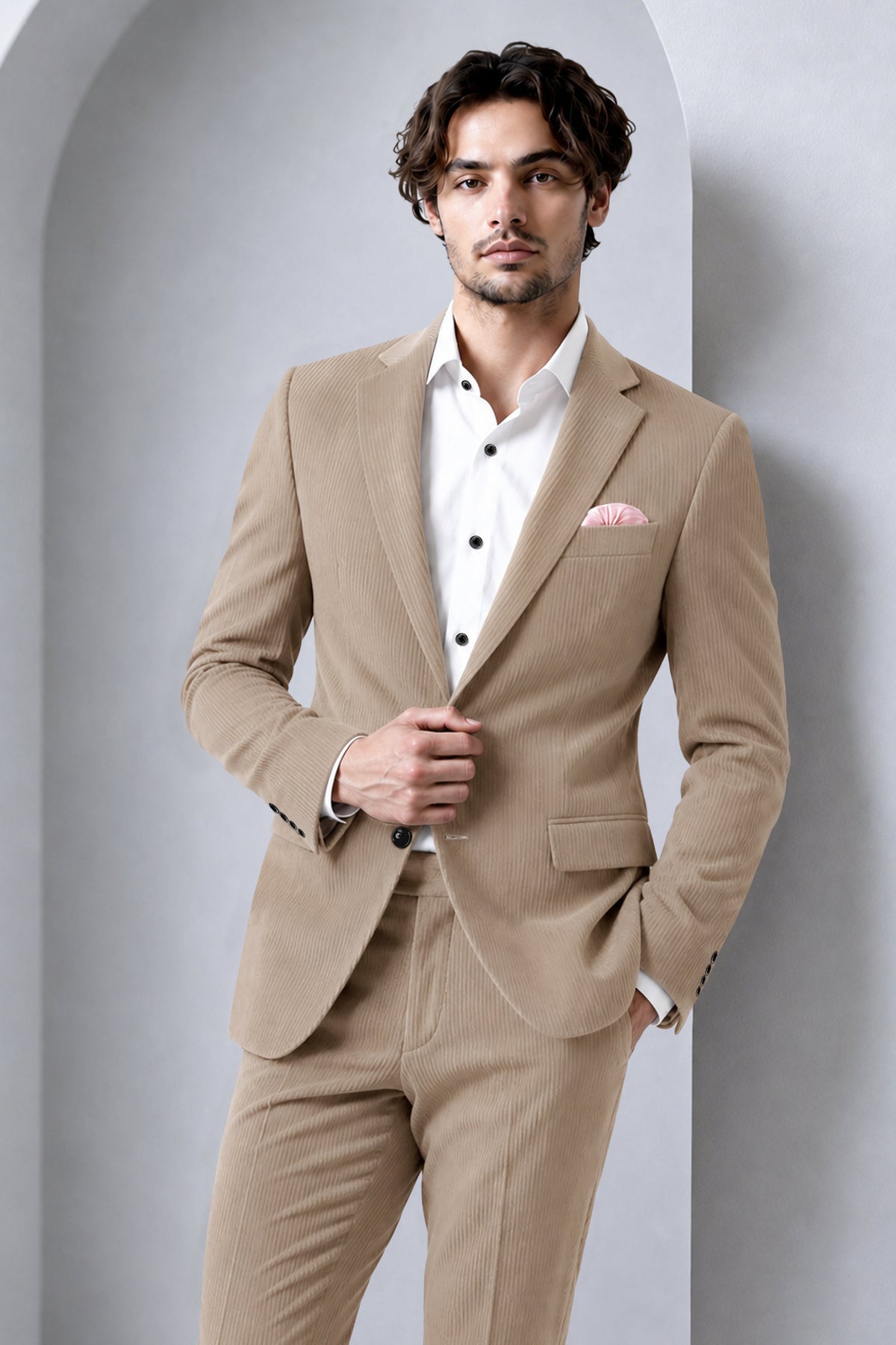 Terran-Sandrift Brown Diamond Textured Wool Rich Slight Stretch Single Breasted Suit