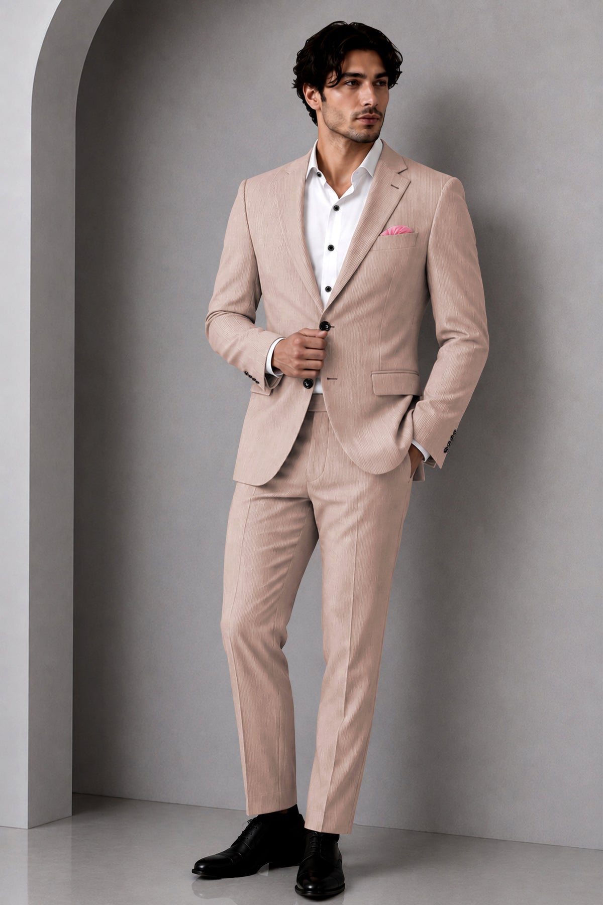 Amelio-Nomad Peach Diamond Textured Wool Rich Slight Stretch Single Breasted Suit