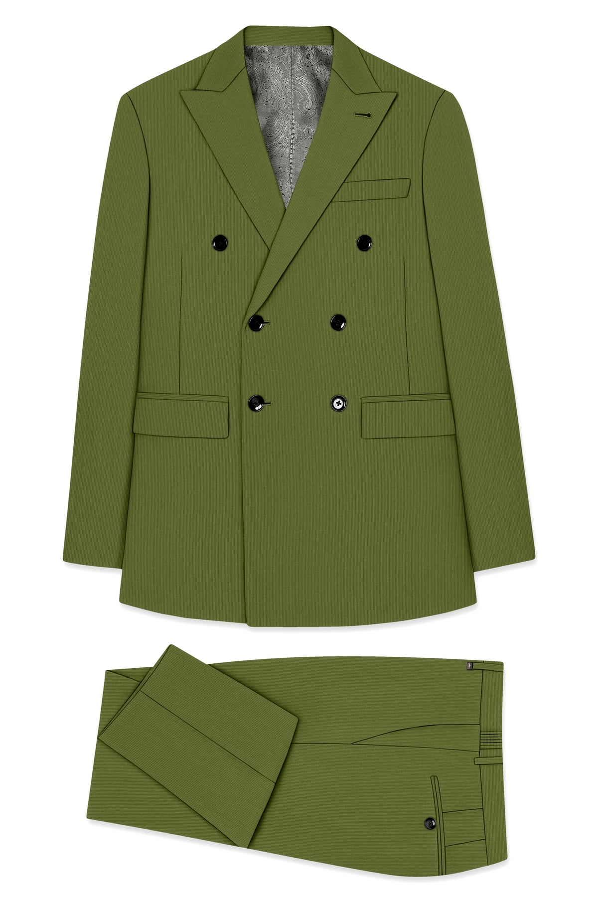 Hunter-Muddy Green Diamond Textured Wool Rich Slight Stretch Double Breasted Suit