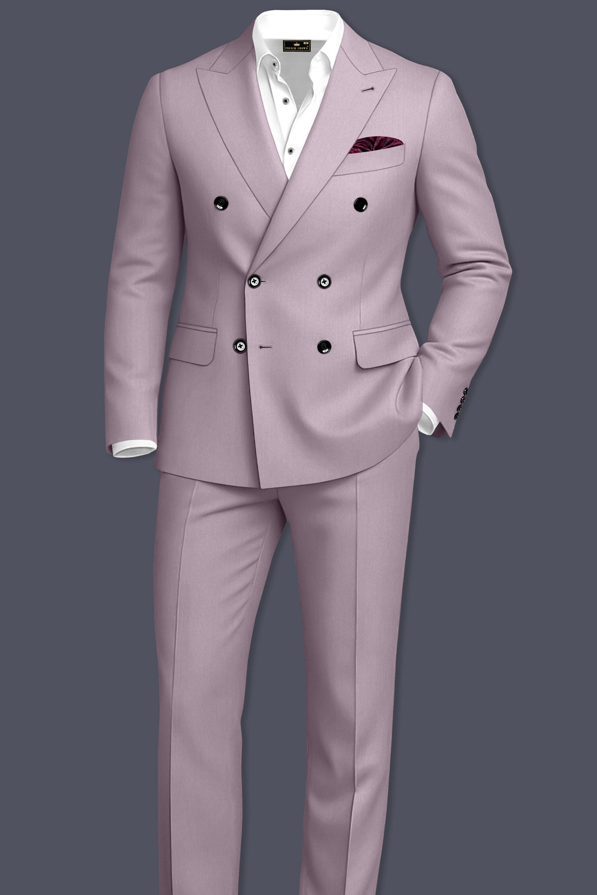 Celeste-Martini Pink Diamond Textured Wool Rich Slight Stretch Double Breasted Suit
