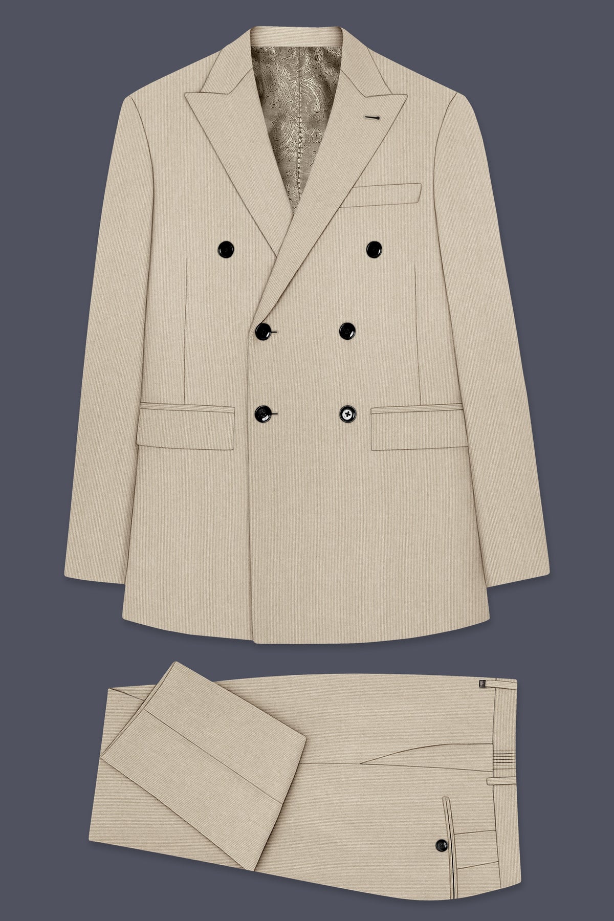 Ivoria-Vanilla Cream Diamond Textured Wool Rich Slight Stretch Double Breasted Suit