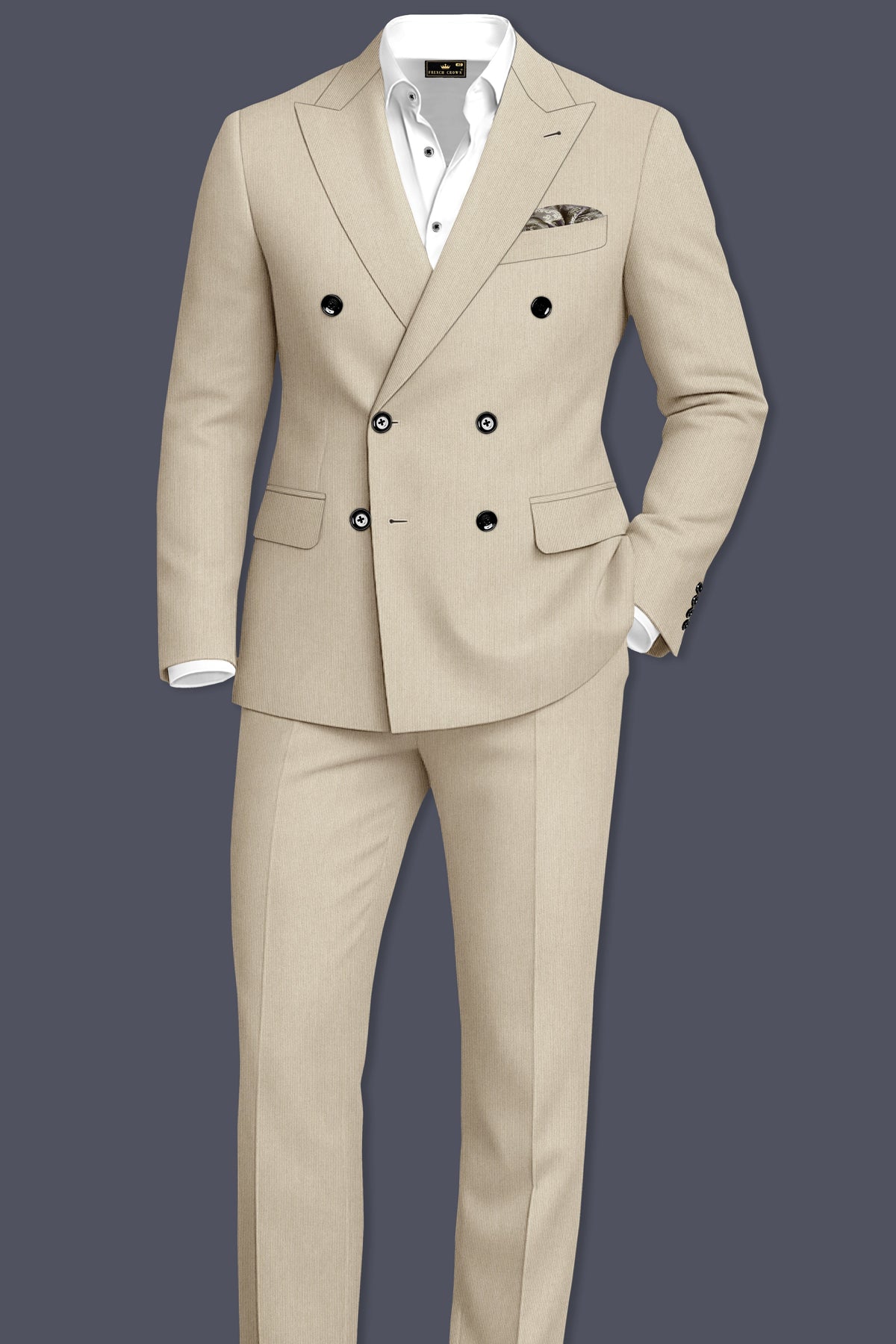 Ivoria-Vanilla Cream Diamond Textured Wool Rich Slight Stretch Double Breasted Suit