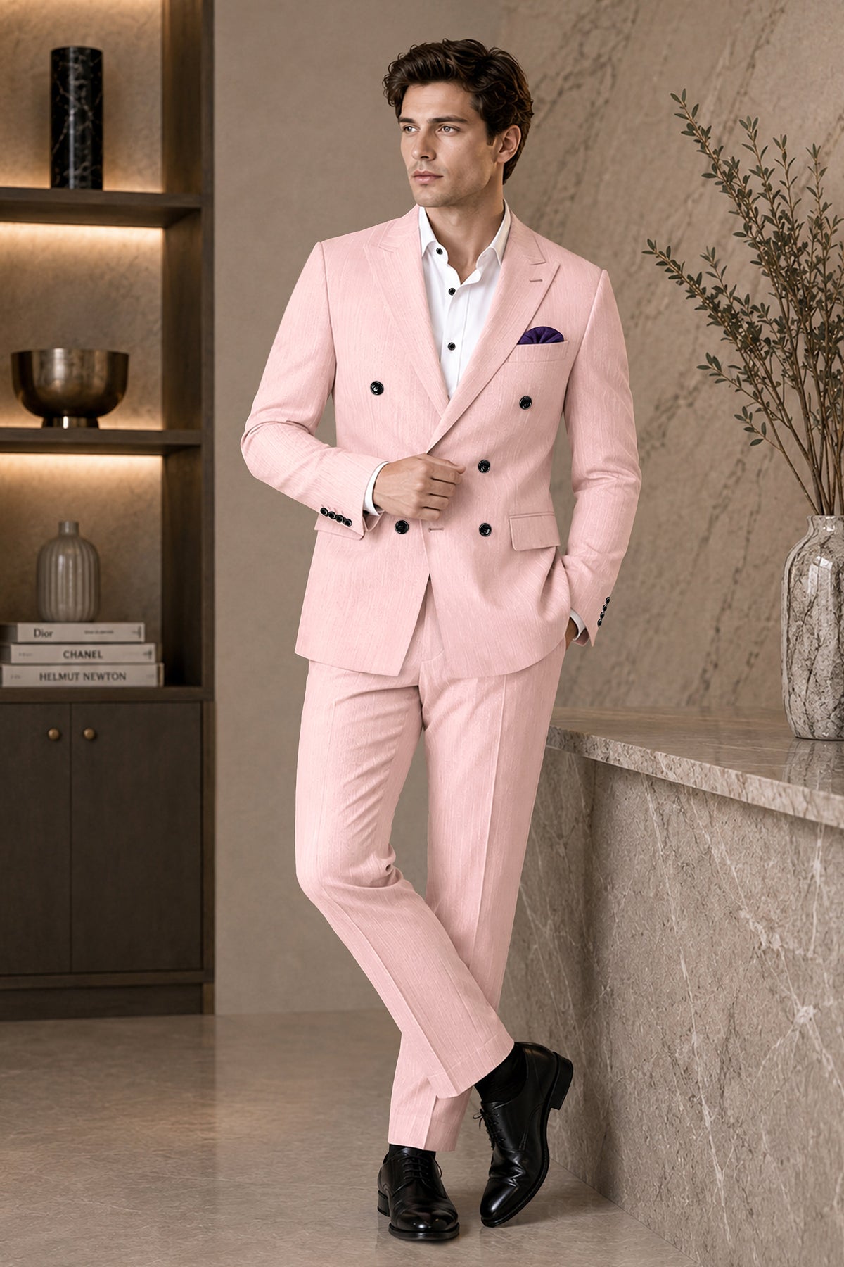 Elara-Cosmos Pink Diamond Textured Wool Rich Slight Stretch Double Breasted Suit
