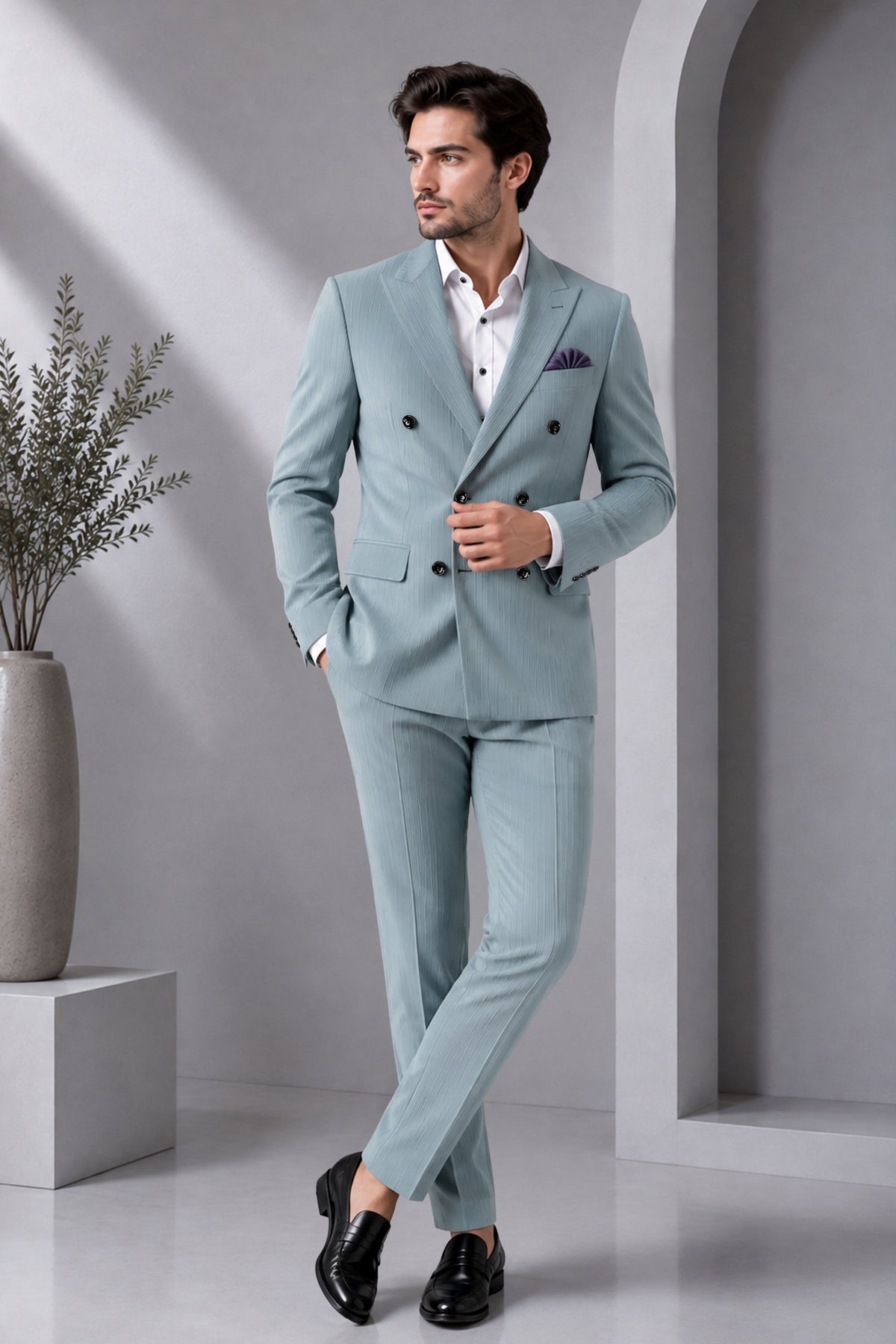 Sterling-Cadet Gray Diamond Textured Wool Rich Slight Stretch Double Breasted Suit