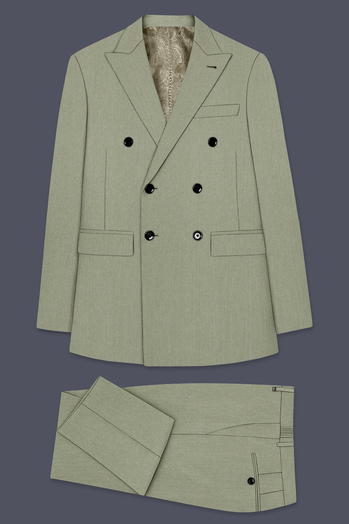 Elysian-Sage Green Diamond Textured Wool Rich Slight Stretch Double Breasted Suit
