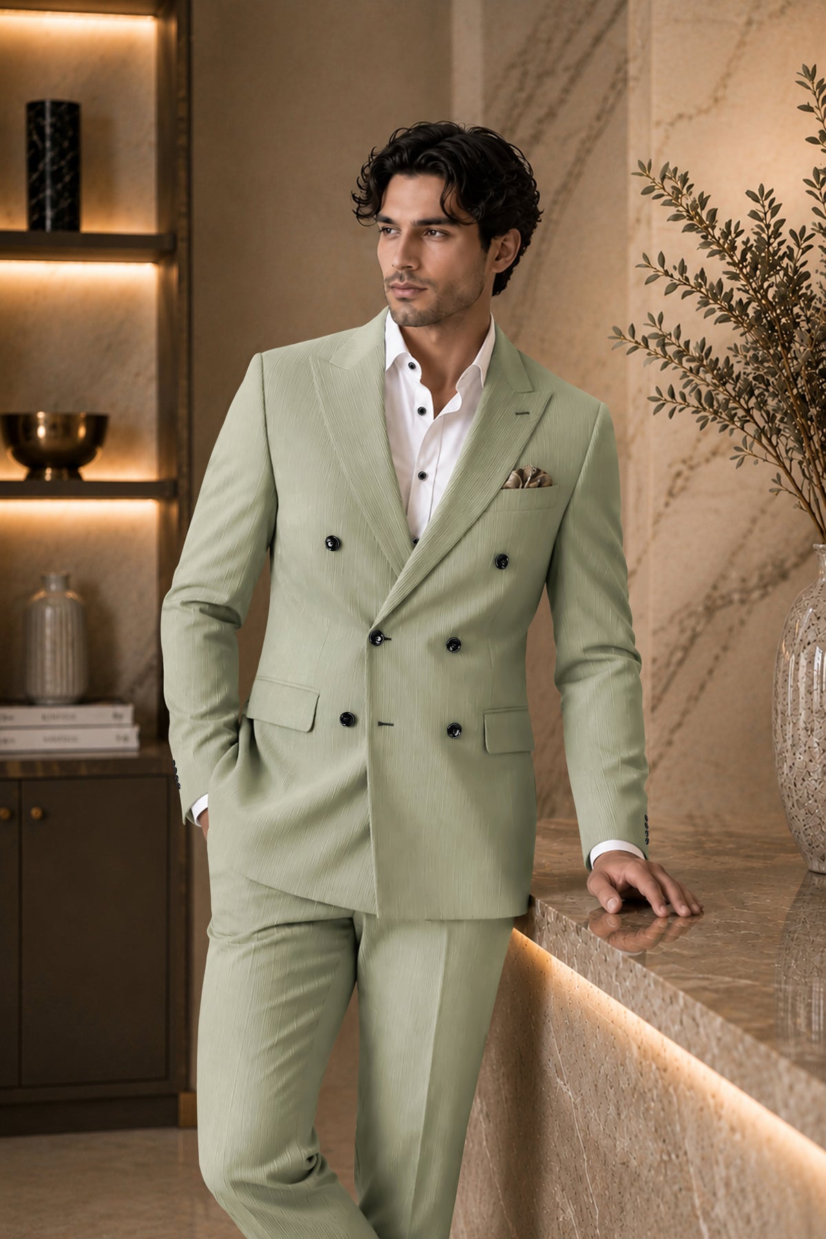 Elysian-Sage Green Diamond Textured Wool Rich Slight Stretch Double Breasted Suit