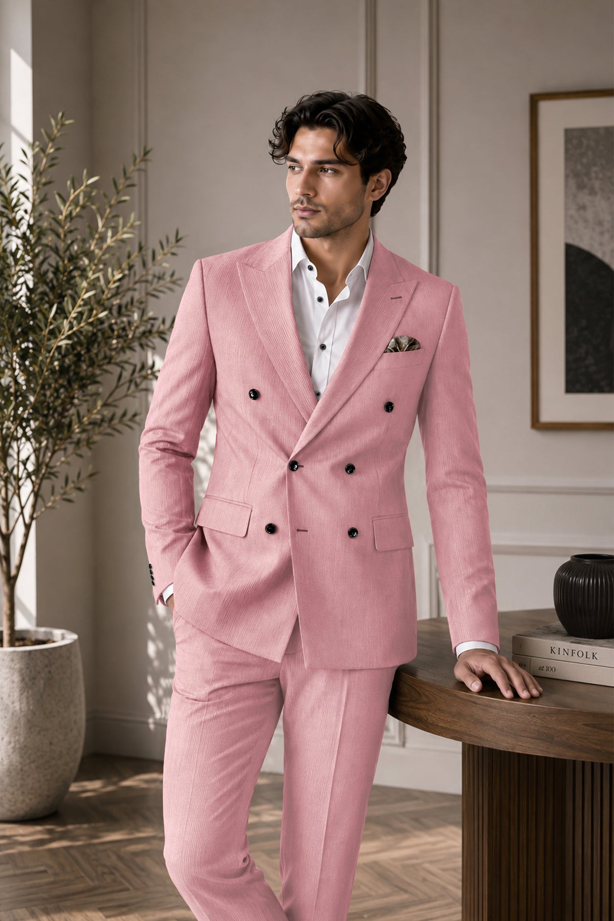 Isadora-Careys Pink Diamond Textured Wool Rich Slight Stretch Double Breasted Suit