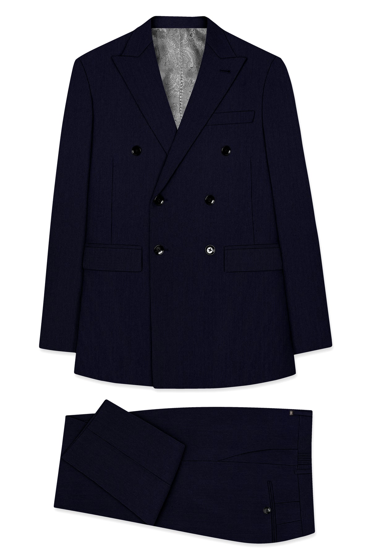 Valmont-Navy Blue Diamond Textured Wool Rich Slight Stretch Double Breasted Suit