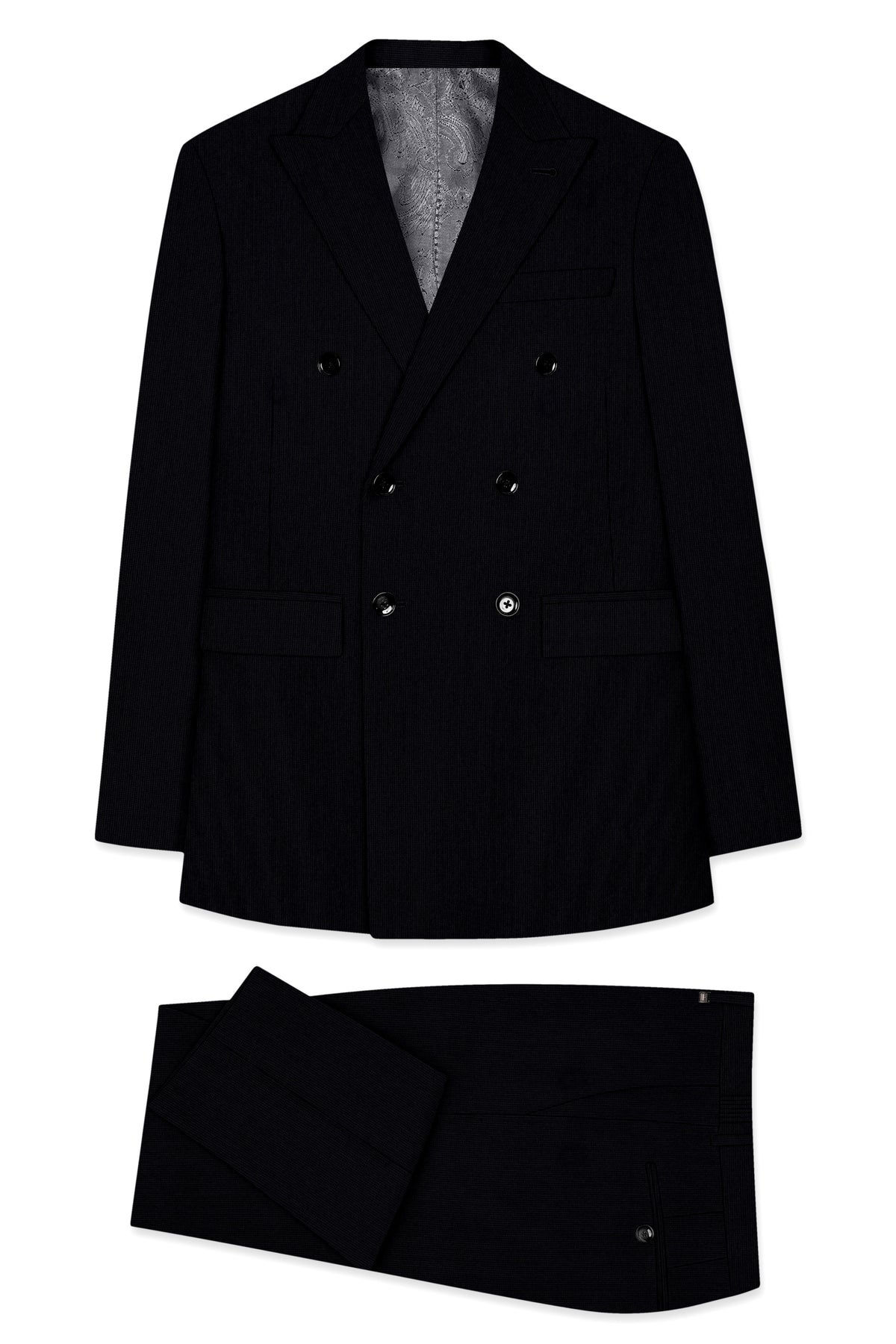 Onyx-Jade Black Diamond Textured Wool Rich Slight Stretch Double Breasted Suit