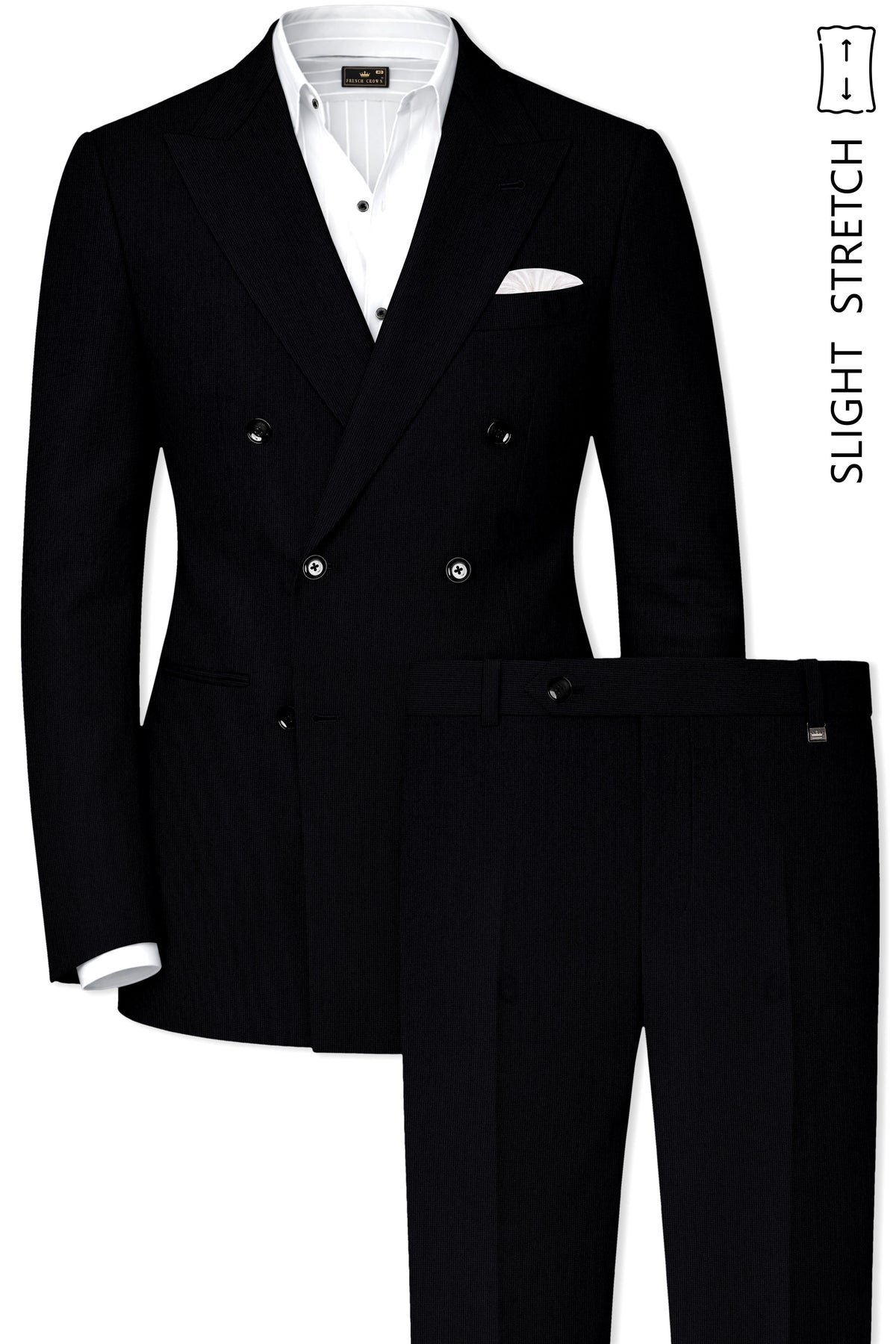 Onyx-Jade Black Diamond Textured Wool Rich Slight Stretch Double Breasted Suit