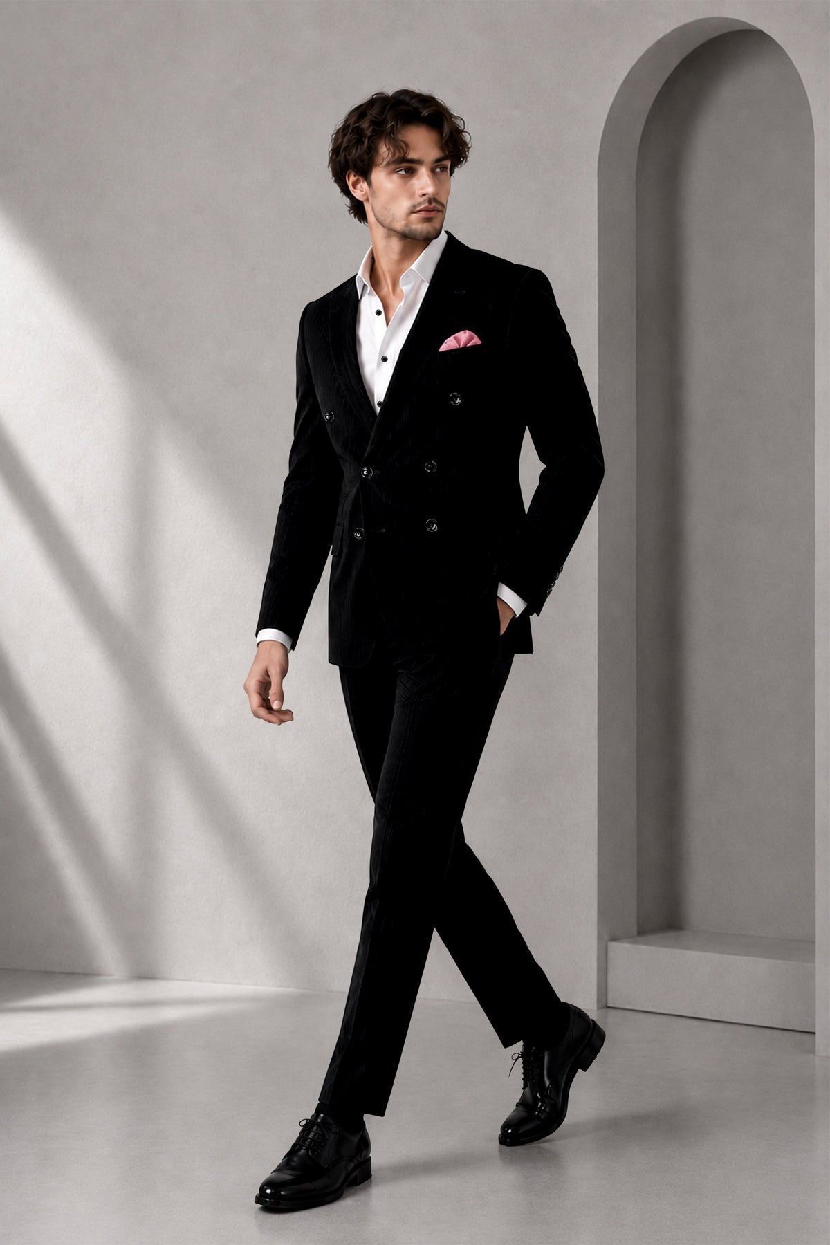 Onyx-Jade Black Diamond Textured Wool Rich Slight Stretch Double Breasted Suit