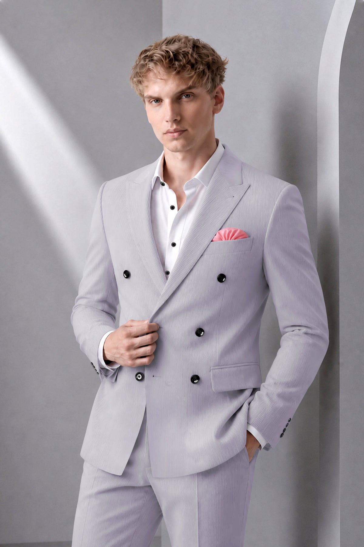 Virelli-Suva Gray Diamond Textured Wool Rich Slight Stretch Double Breasted Suit