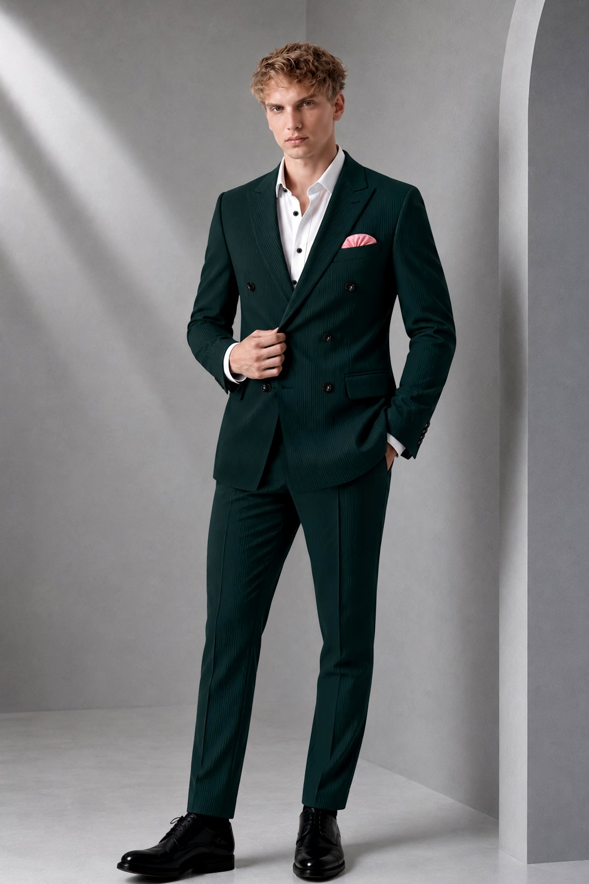 Viridian-Burnham Green Diamond Textured Wool Rich Slight Stretch Double Breasted Suit
