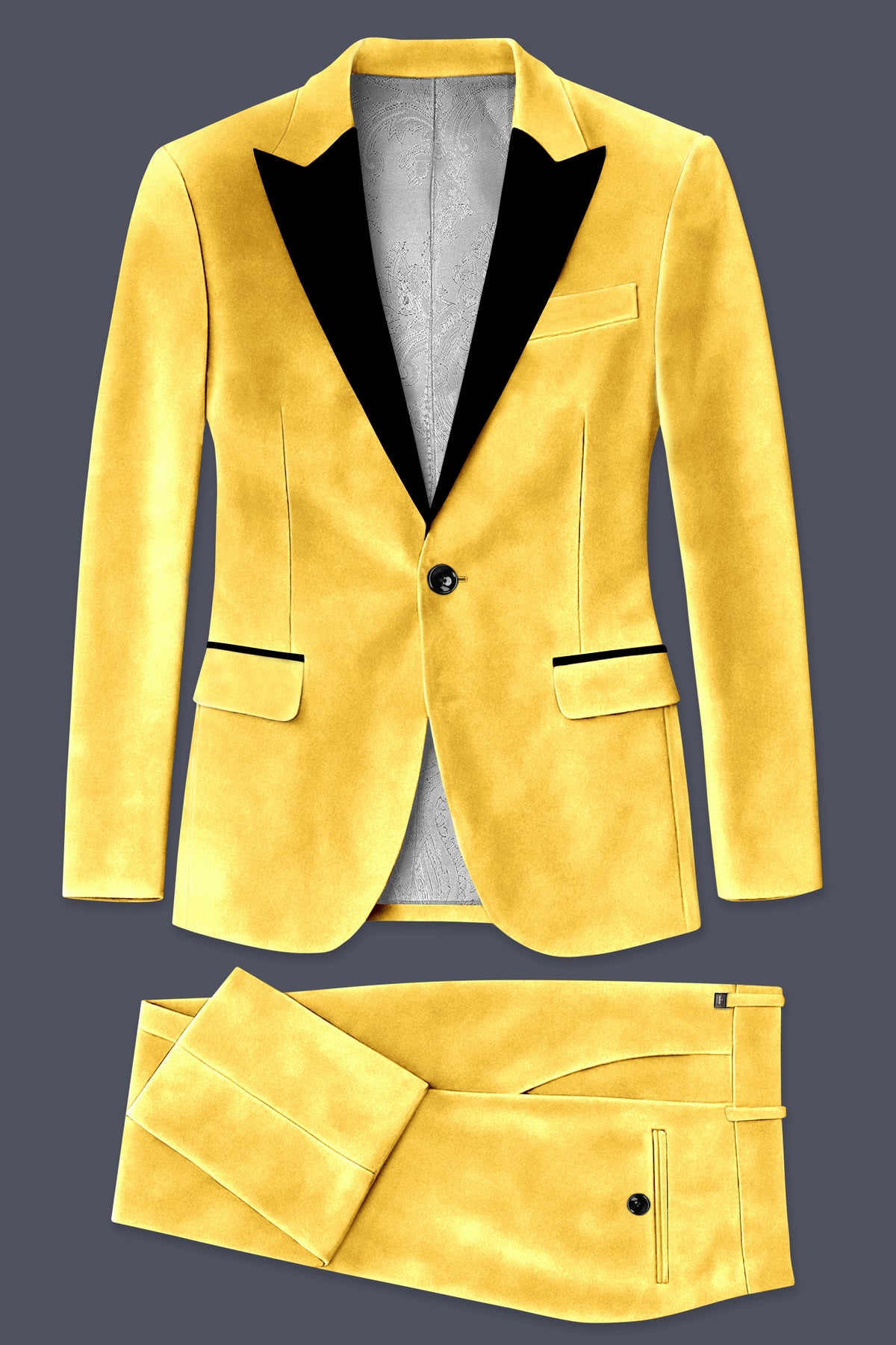 Lustre-Tulip Yellow Velvet Peak Lapel Tuxedo Suit