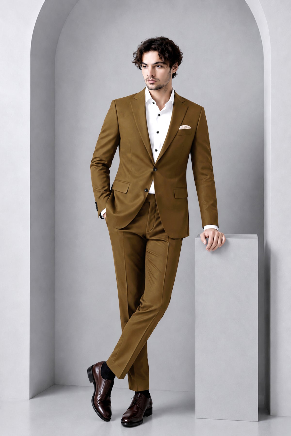 Sartoro-Otter Brown Diamond Textured Wool Rich Slight Stretch Single Breasted Suit
