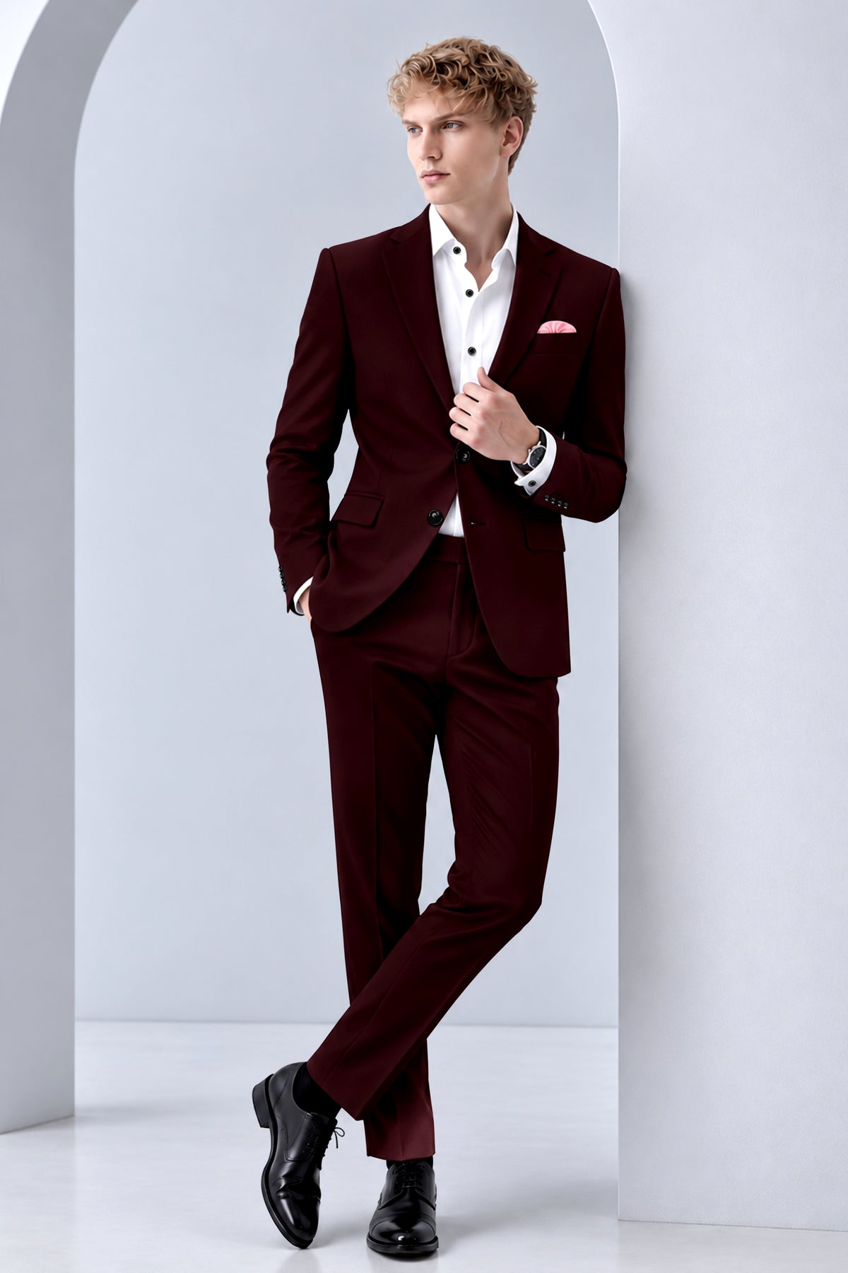 Ardent-Creole Maroon Diamond Textured Wool Rich Slight Stretch Single Breasted Suit