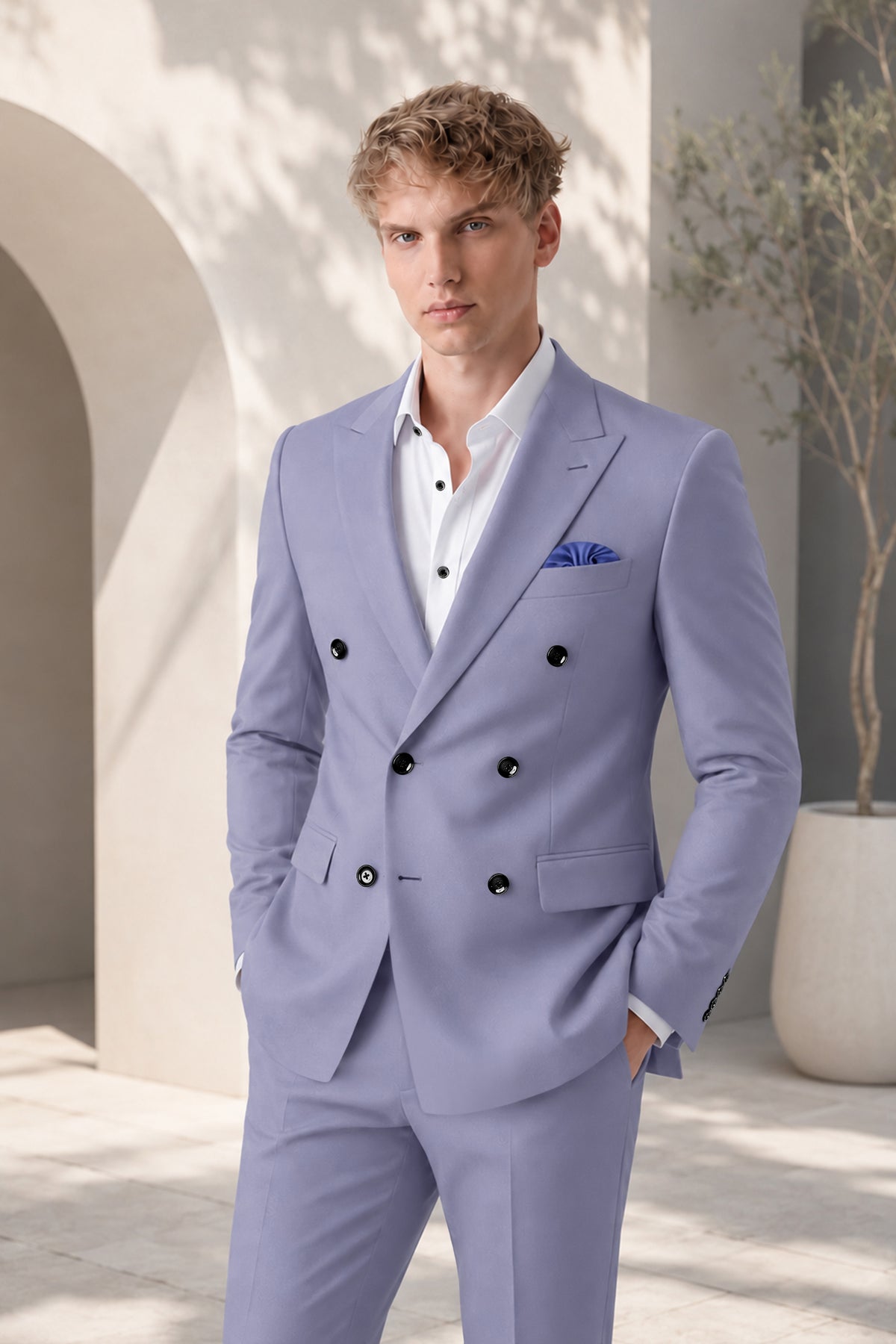 Royale-Chatelle Purple Diamond Textured Wool Rich Slight Stretch Double Breasted Suit