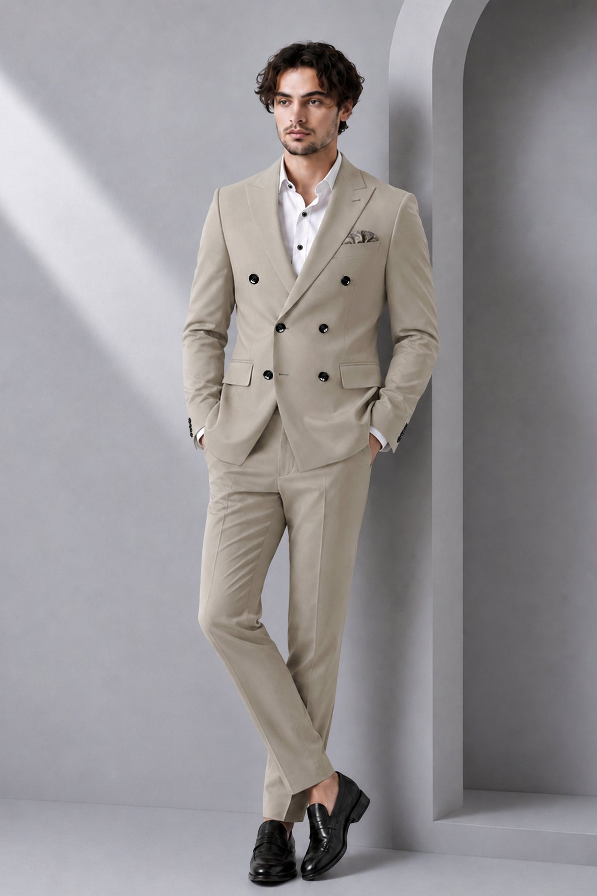 Mavren-Taupe Brown Diamond Textured Wool Rich Slight Stretch Double Breasted Suit