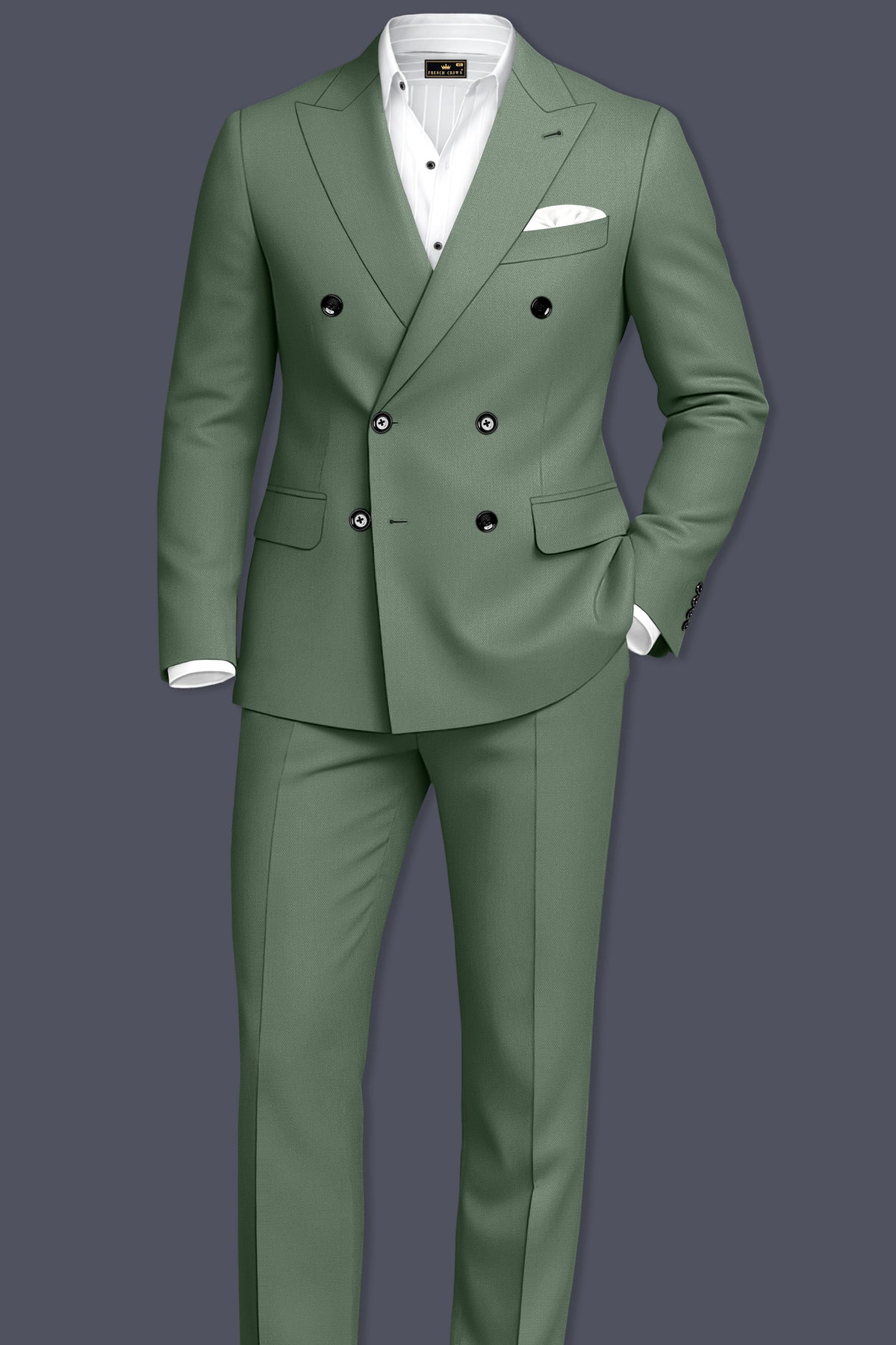 Avon-Glade Green Diamond Textured Wool Rich Slight Stretch Double Breasted Suit