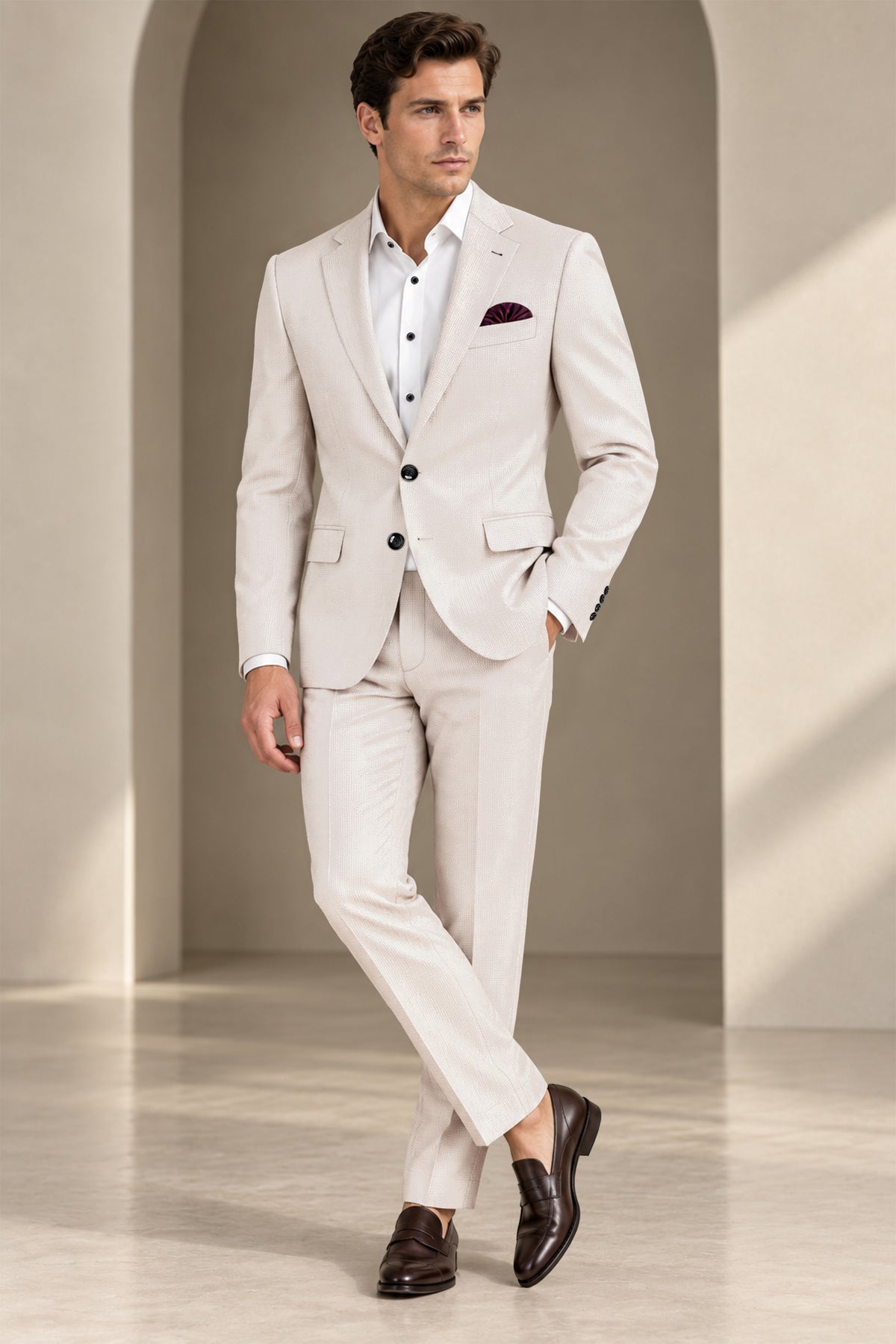 Dorian-Gainsboro Gray Diamond Textured Wool Rich Slight Stretch Single Breasted Suit