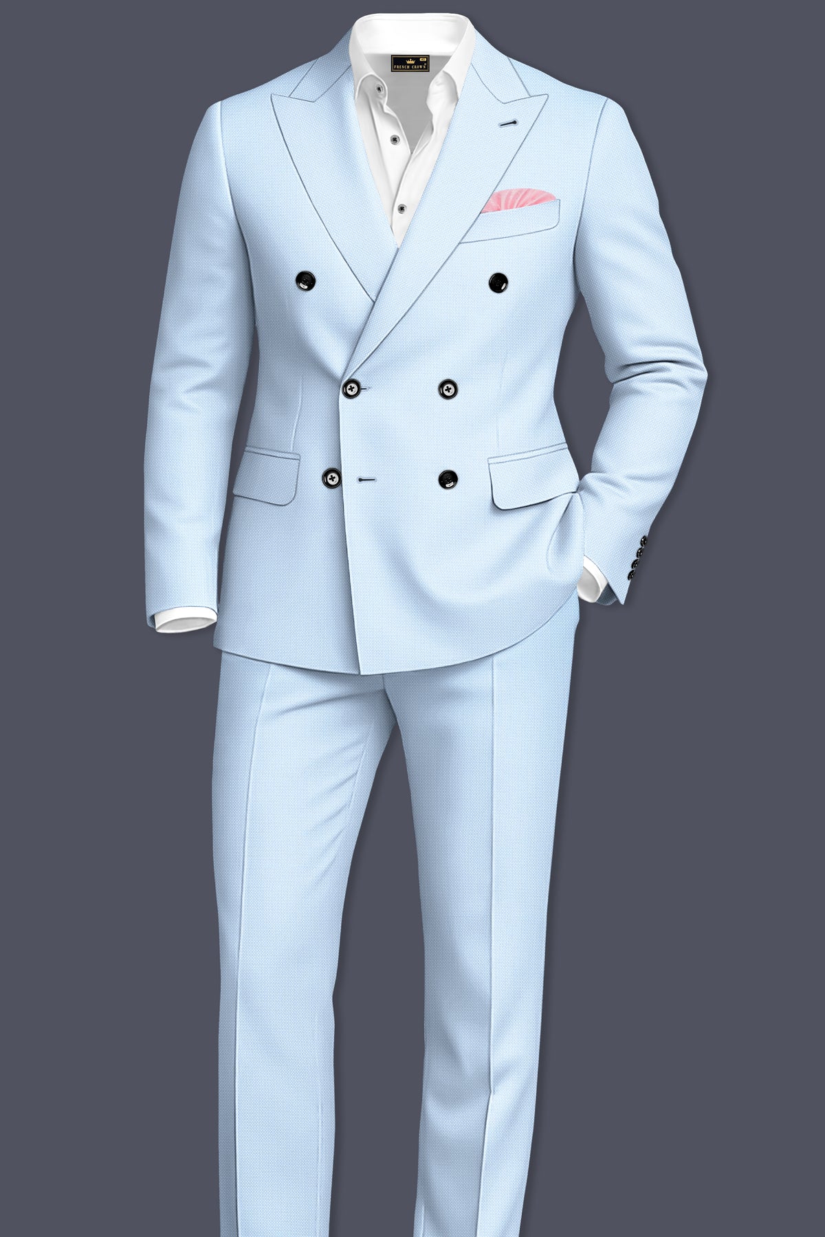 Azure-Hawkes Blue Diamond Textured Wool Rich Slight Stretch Double Breasted Suit