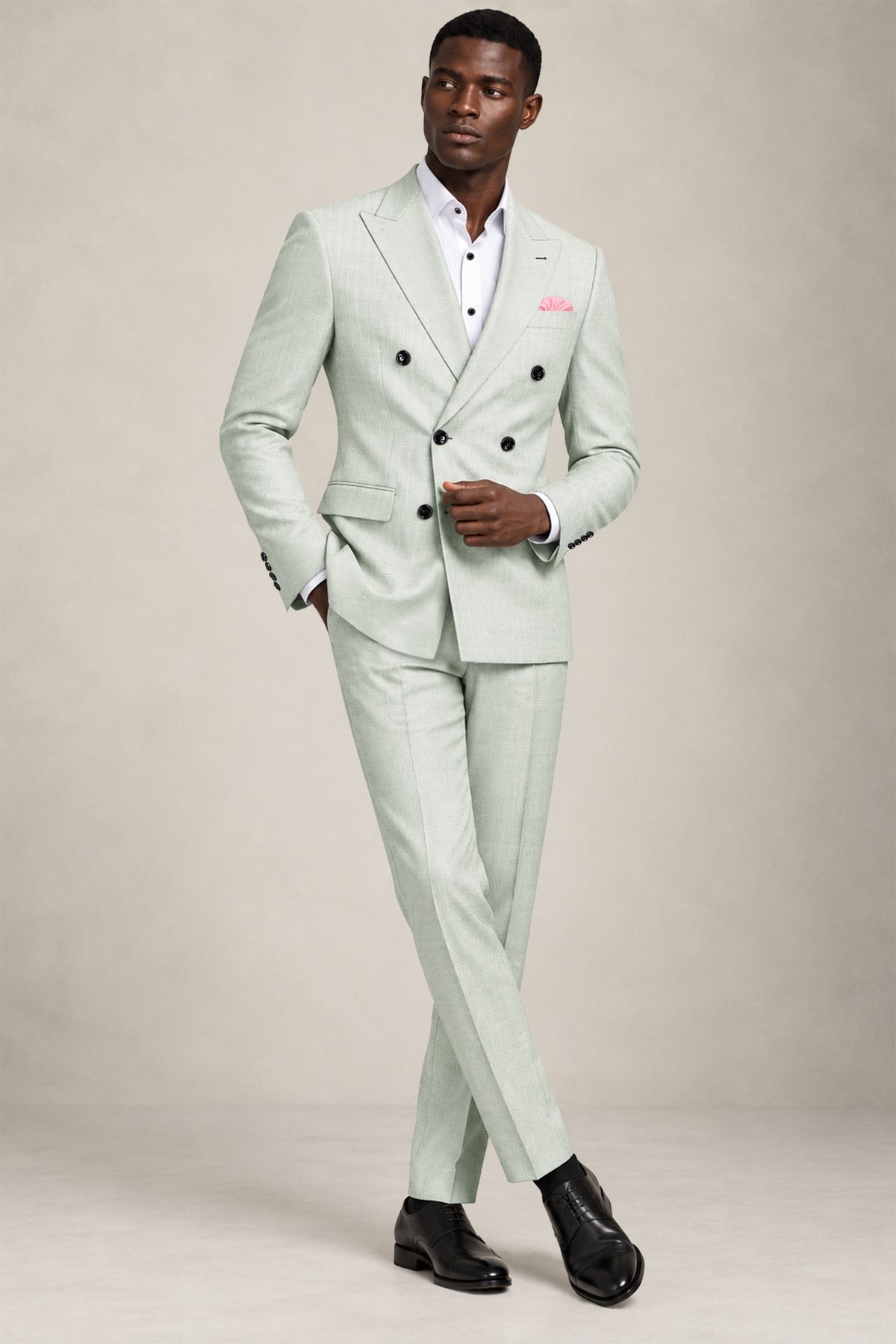 Cavell-Ash Gray Diamond Textured Wool Rich Slight Stretch Double Breasted Suit