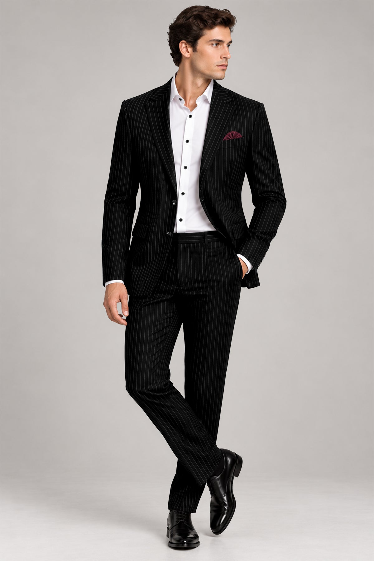 Noble-Jade Black Chalk Striped Wool Rich Wrinkle-Free Fluid Drape Fabric Single Breasted Suit