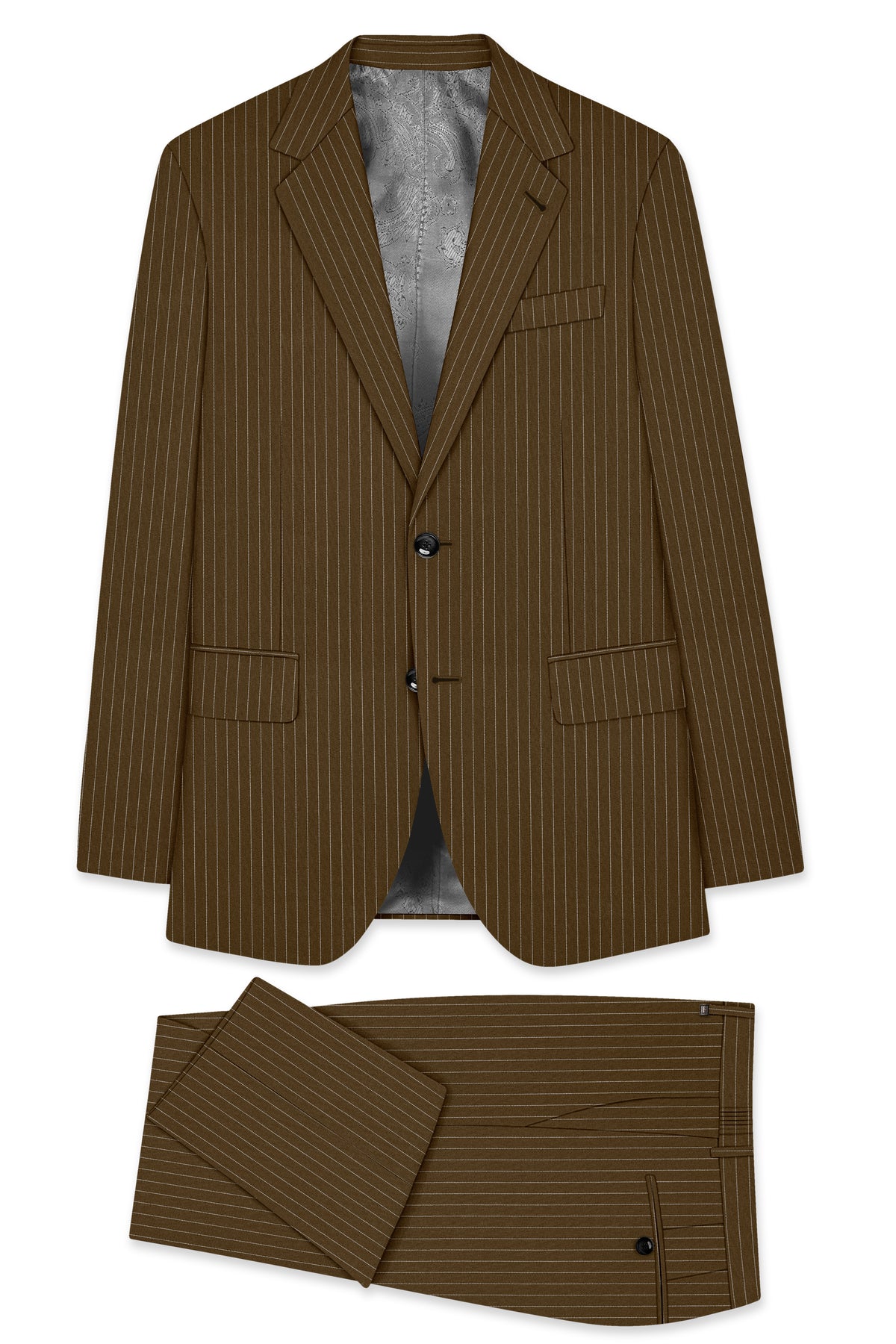 Sable-Antique Brown Chalk Striped Wool Rich Wrinkle-Free Fluid Drape Fabric Single Breasted Suit
