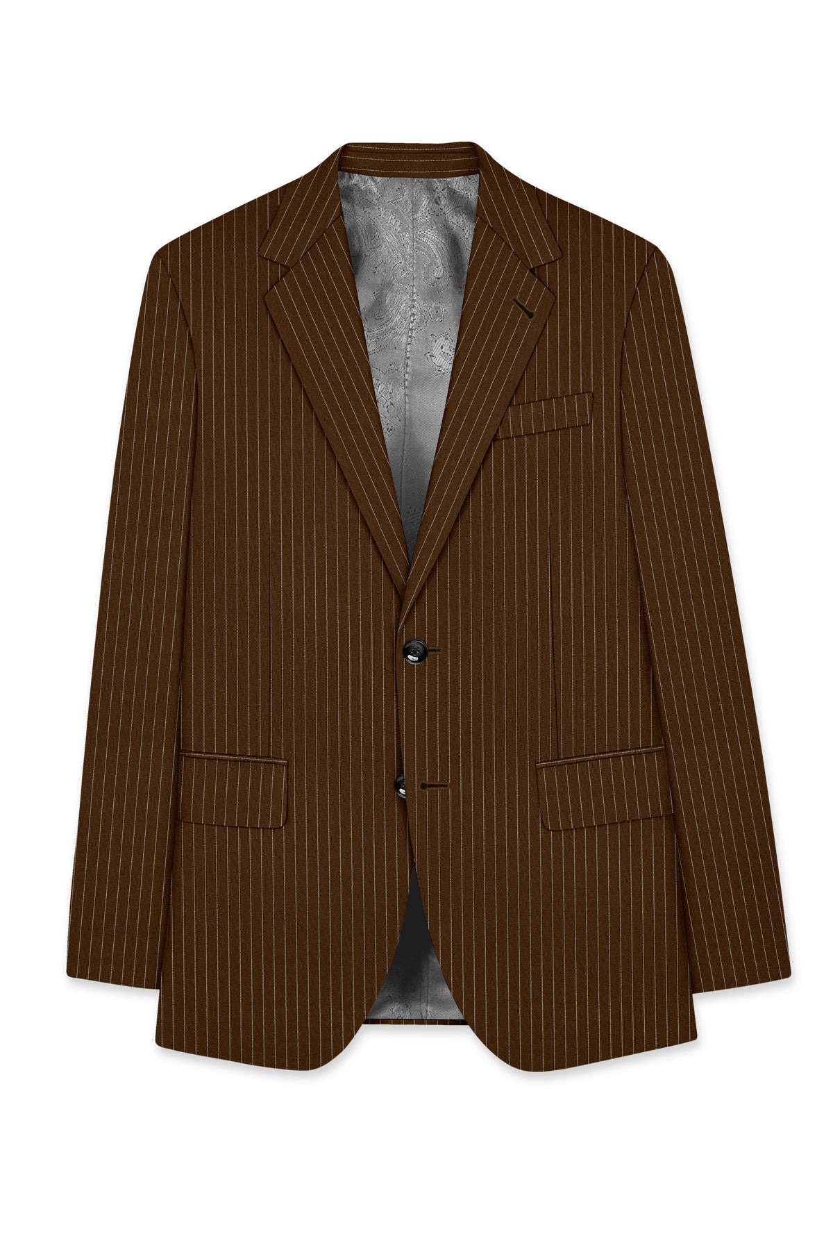 Everton-Clinker Brown Chalk Striped Wool Rich Wrinkle-Free Fluid Drape Fabric Single Breasted Suit