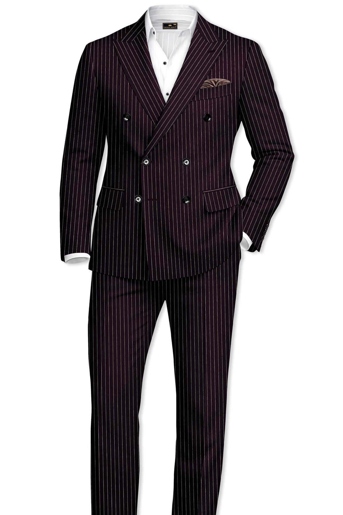Vesper-Gondola Maroon Chalk Striped Wool Rich Wrinkle-Free Fluid Drape Fabric Double Breasted Suit