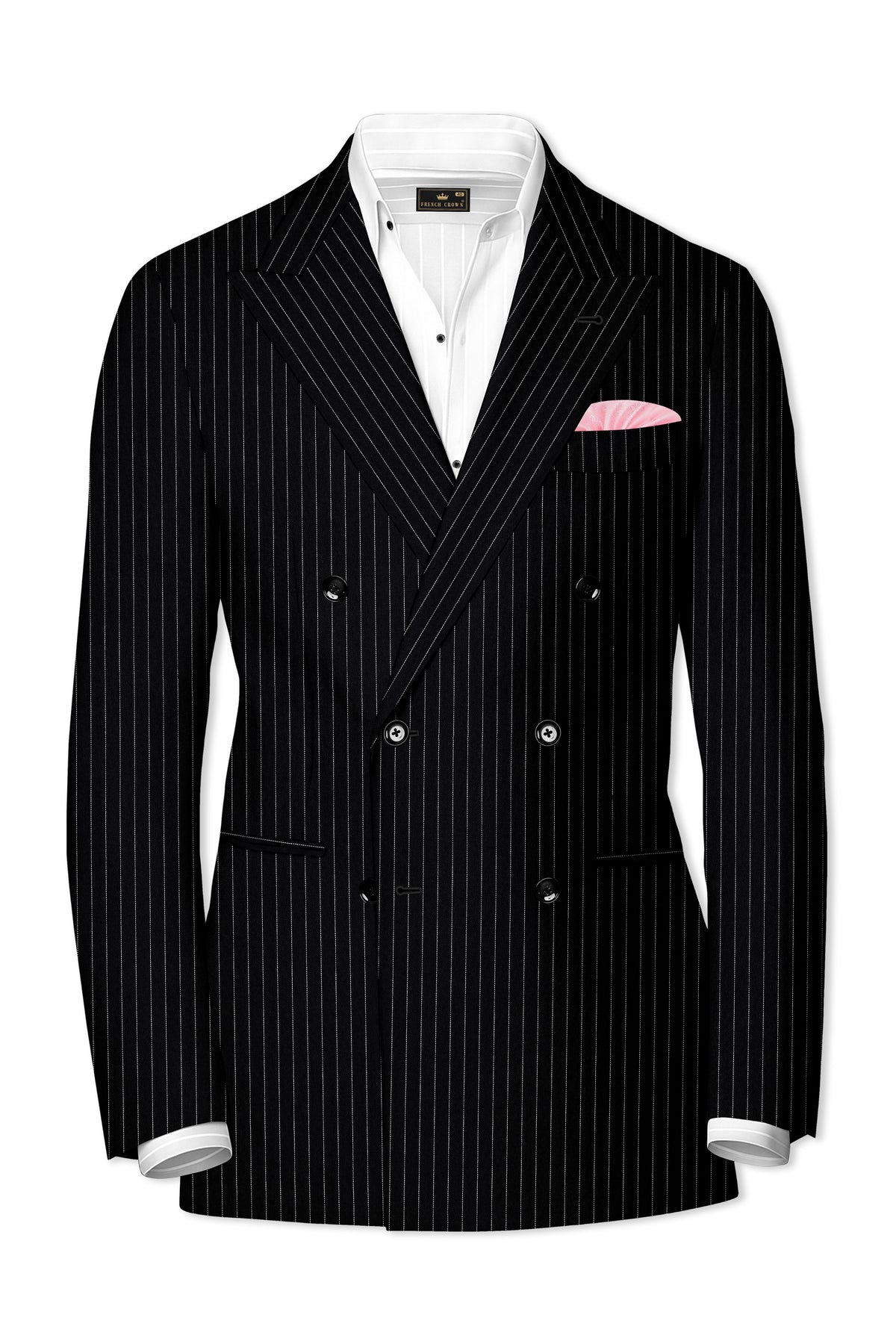 Noble-Jade Black Chalk Striped Wool Rich Wrinkle-Free Fluid Drape Fabric Double Breasted Suit