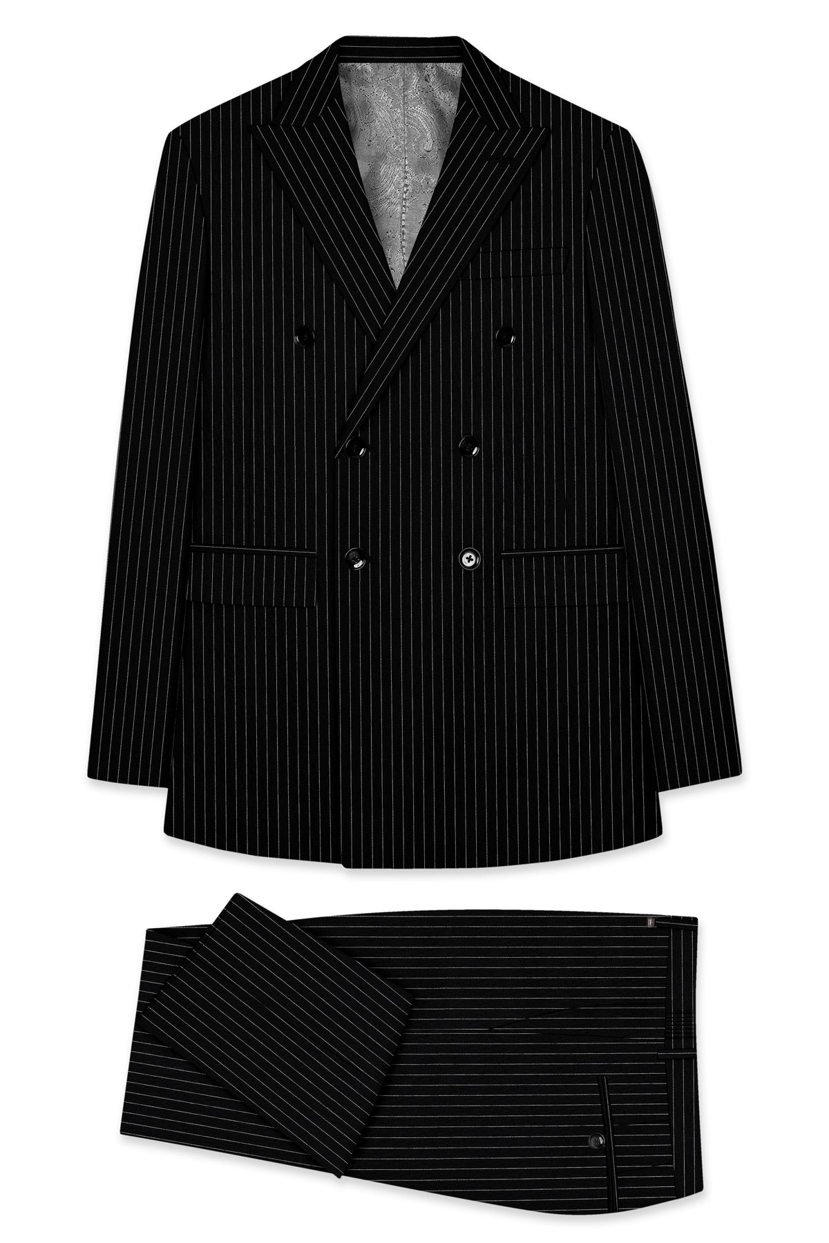 Noble-Jade Black Chalk Striped Wool Rich Wrinkle-Free Fluid Drape Fabric Double Breasted Suit