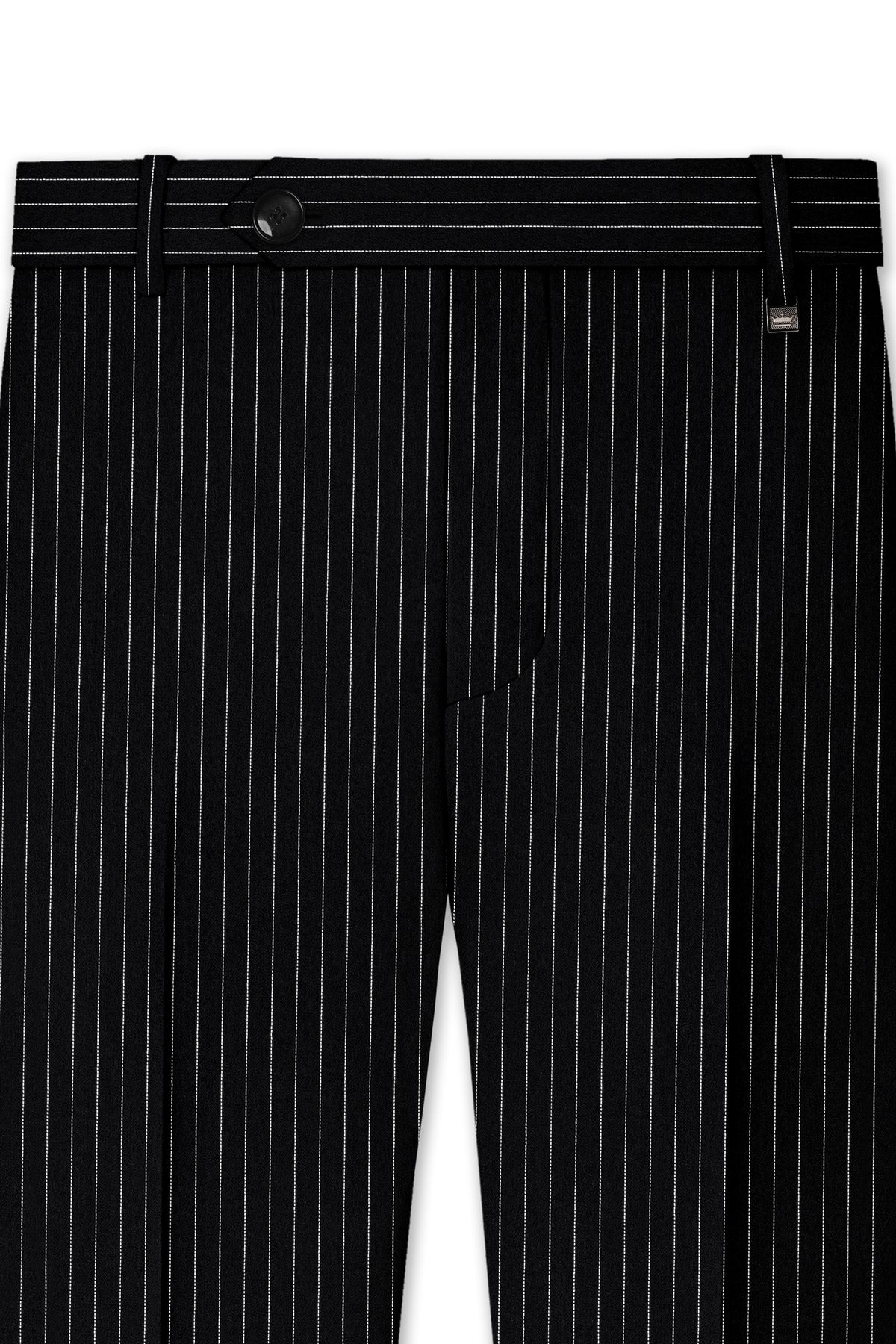 Noble-Jade Black Chalk Striped Wool Rich Wrinkle-Free Fluid Drape Fabric Double Breasted Suit