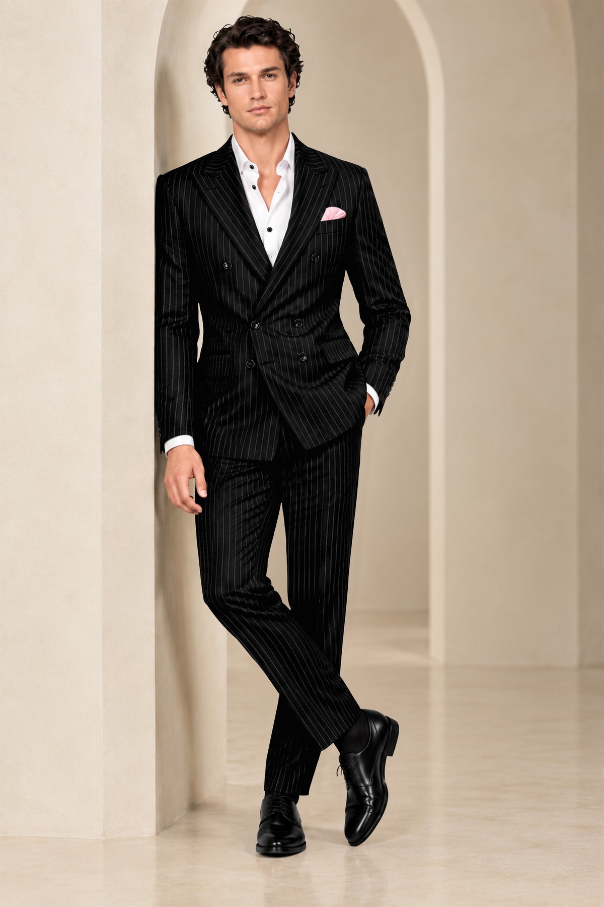 Noble-Jade Black Chalk Striped Wool Rich Wrinkle-Free Fluid Drape Fabric Double Breasted Suit