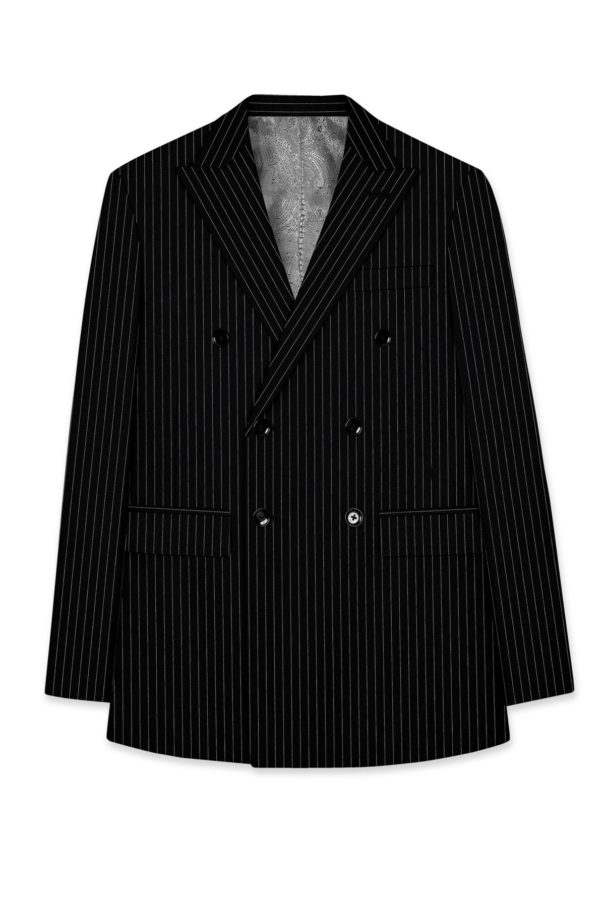 Noble-Jade Black Chalk Striped Wool Rich Wrinkle-Free Fluid Drape Fabric Double Breasted Suit