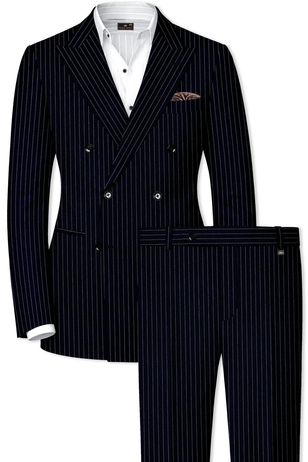 Windsor-Navy Blue Chalk Striped Wool Rich Wrinkle-Free Fluid Drape Fabric Double Breasted Suit